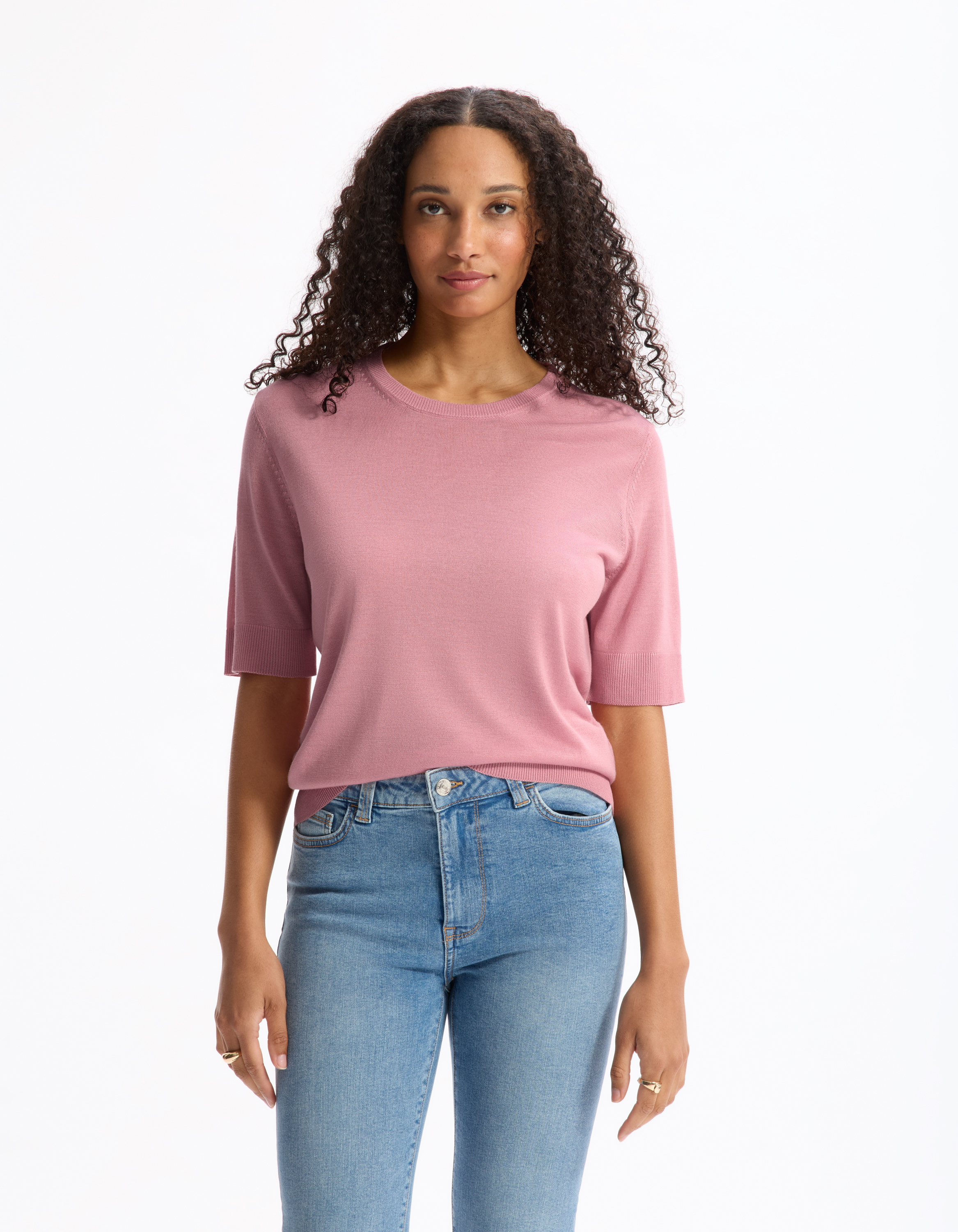 Pull maille fine à manches courtes - rose clair - celio - Modalova