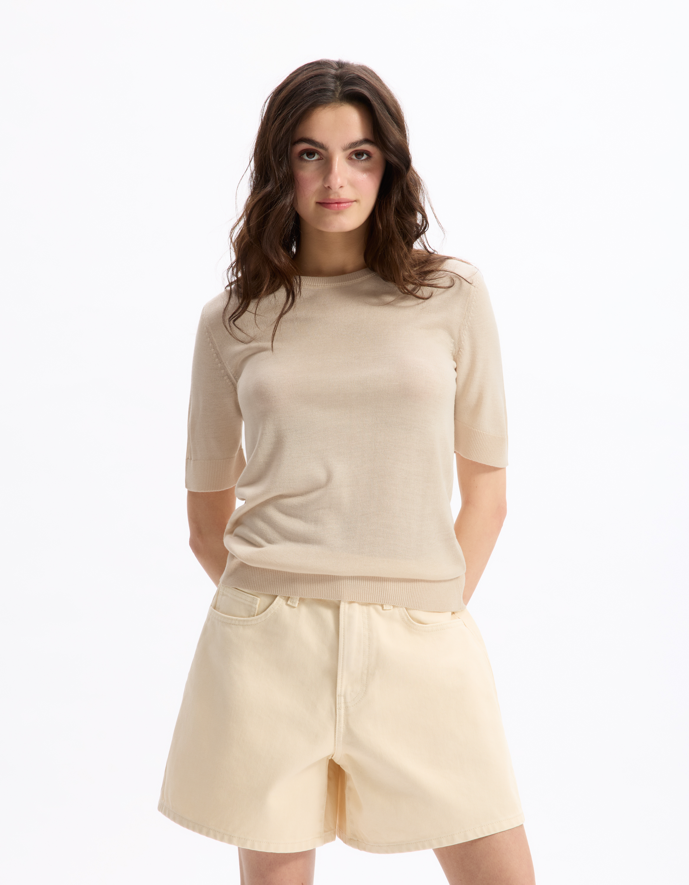 Pull maille fine à manches courtes - beige - celio - Modalova