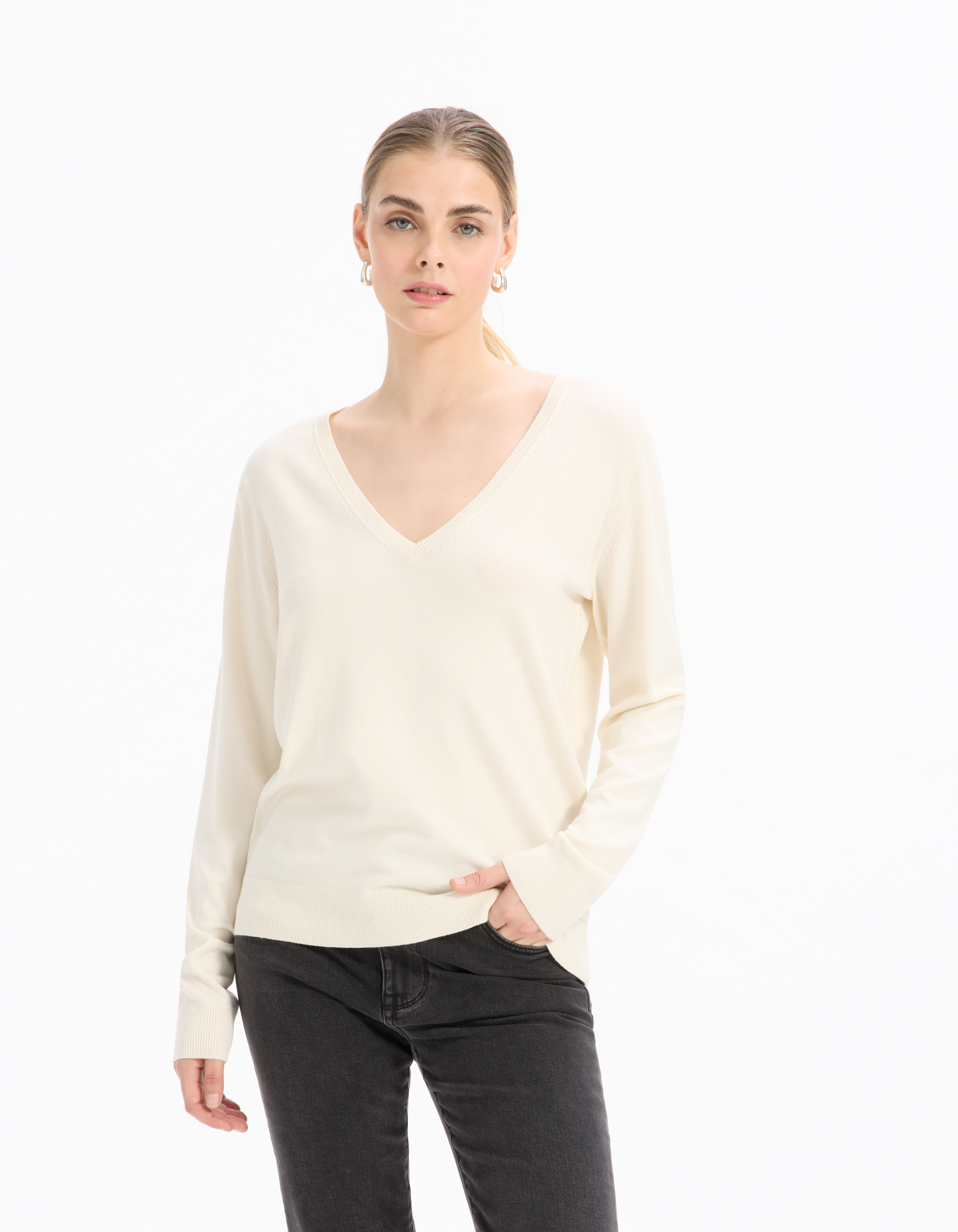 Pull fluide col V en viscose écovéro - beige - celio - Modalova