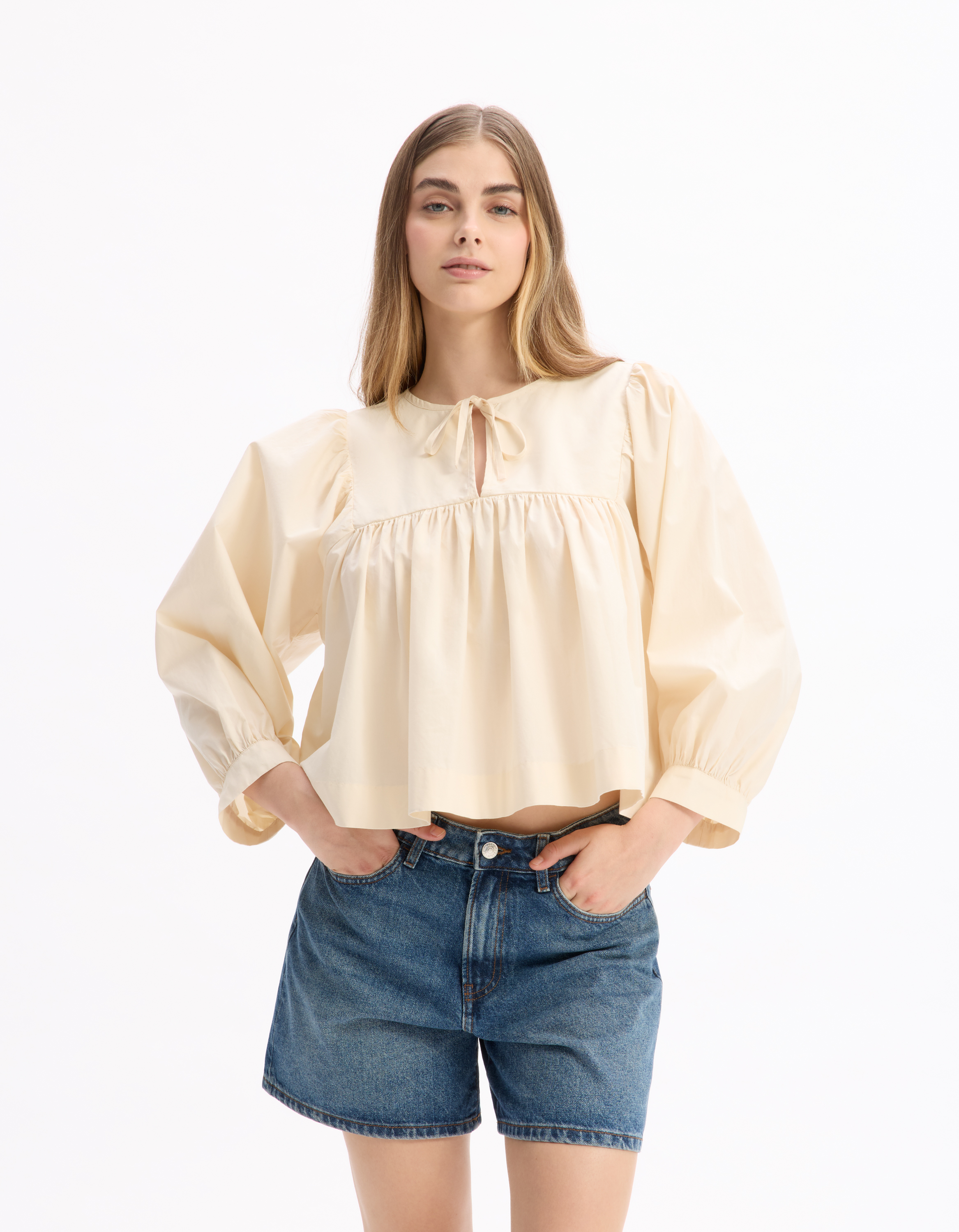 Blouse encolure tunisienne en coton - beige - celio - Modalova