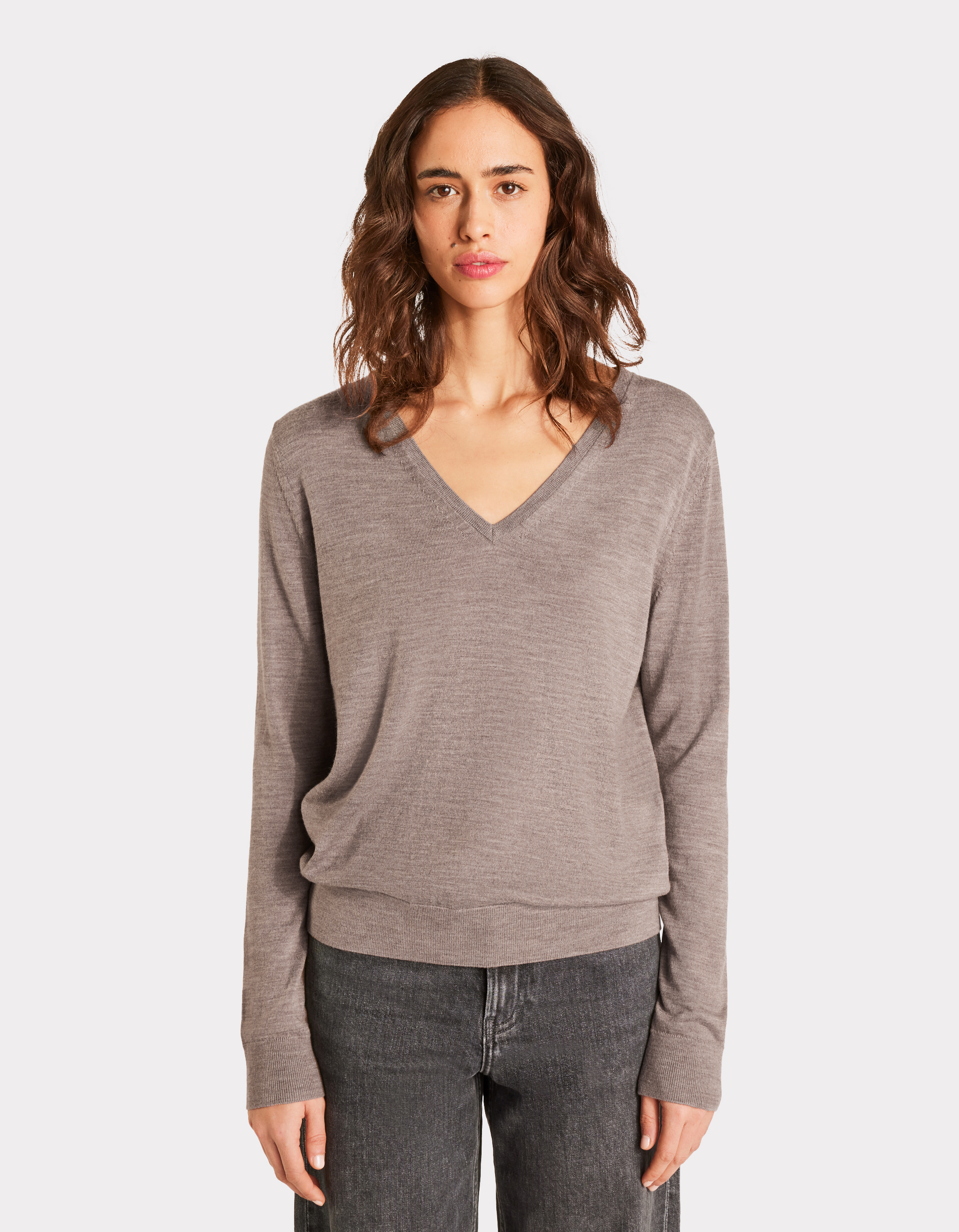 Pull 100% laine mérinos à col V - taupe - celio - Modalova