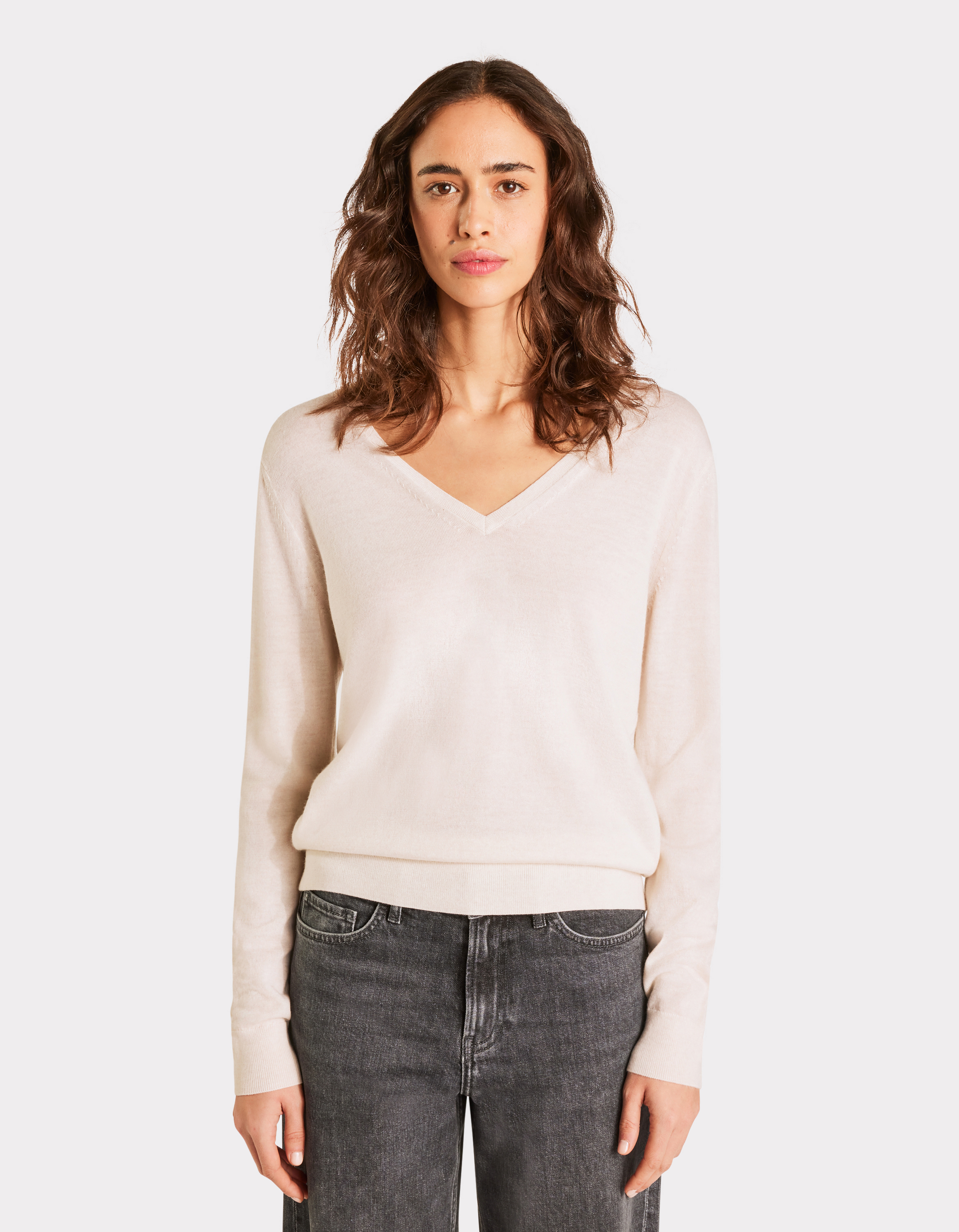 Pull 100% laine mérinos à col V - écru - celio - Modalova