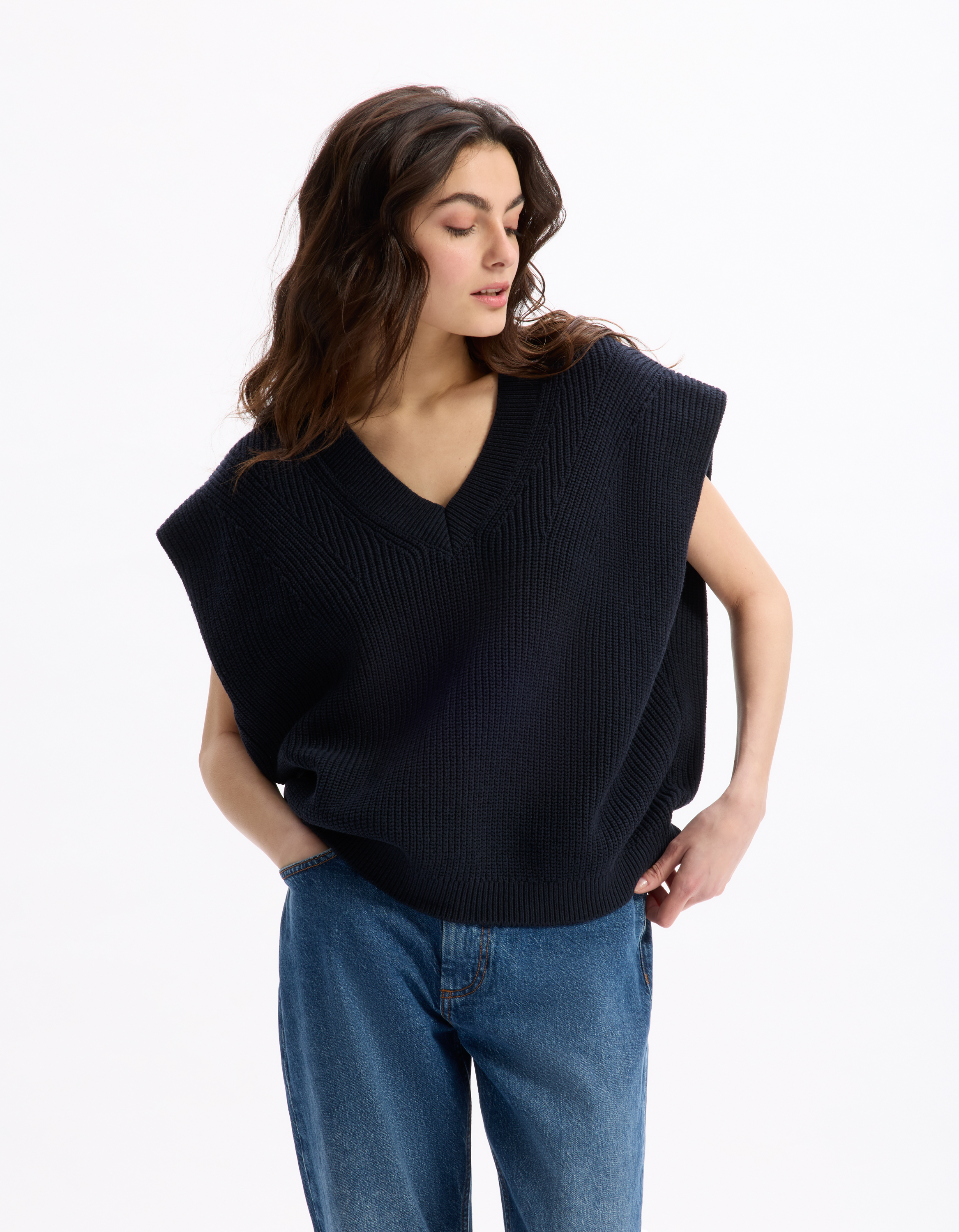 Pull col V coton polyester - marine - celio - Modalova