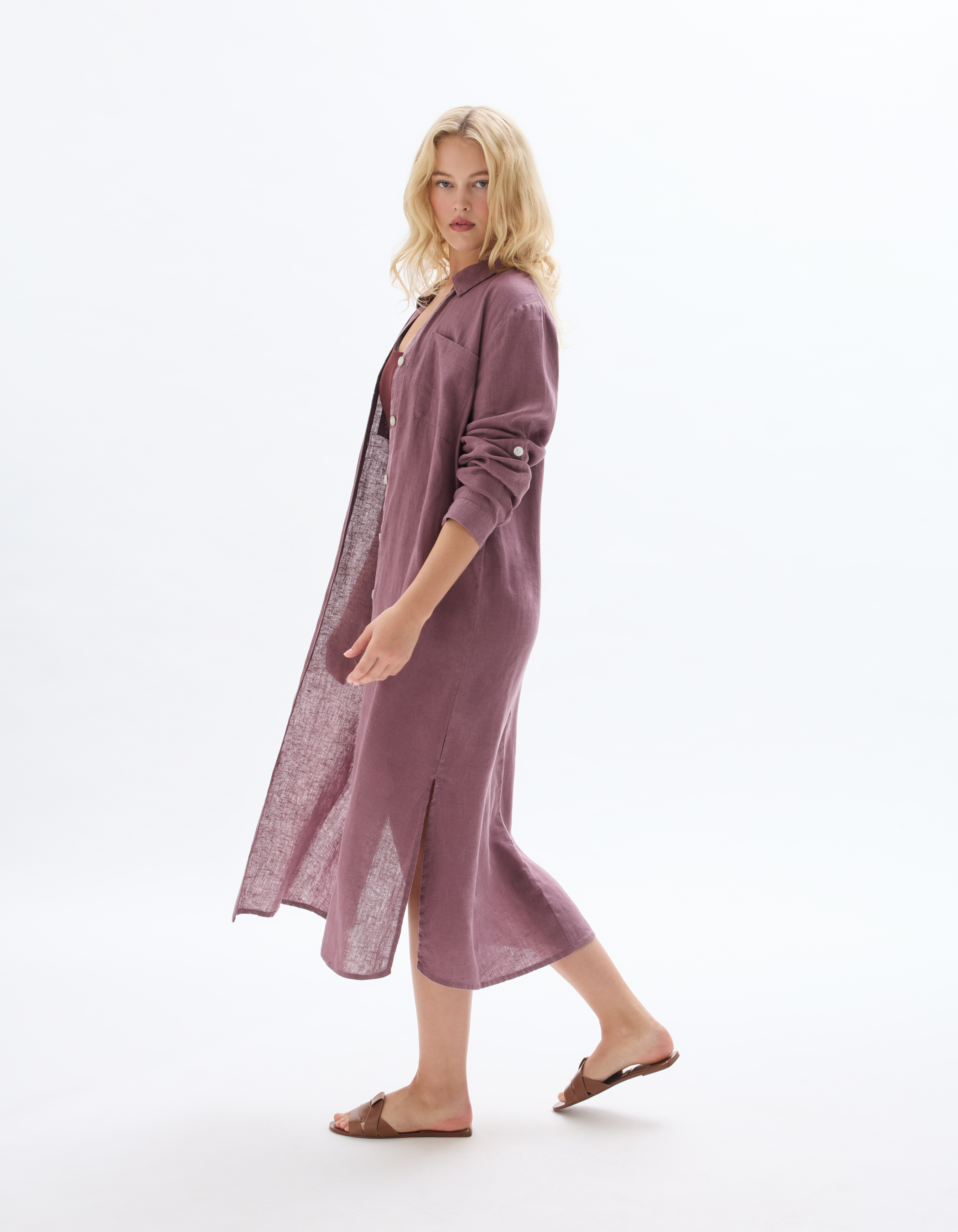 Robe longue en lin - violet - celio - Modalova