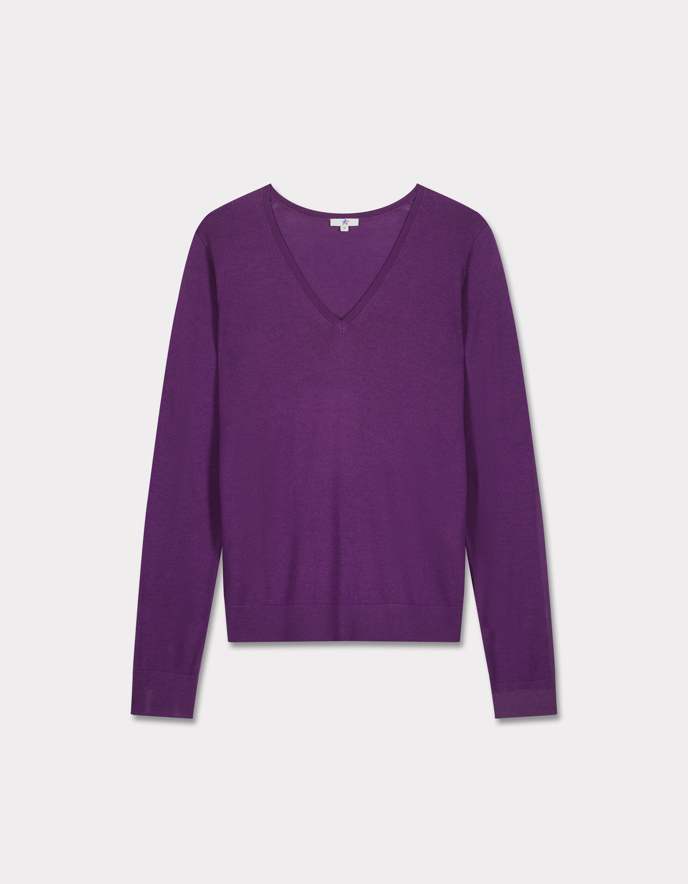 Pull 100% laine mérinos à col V - violet foncé