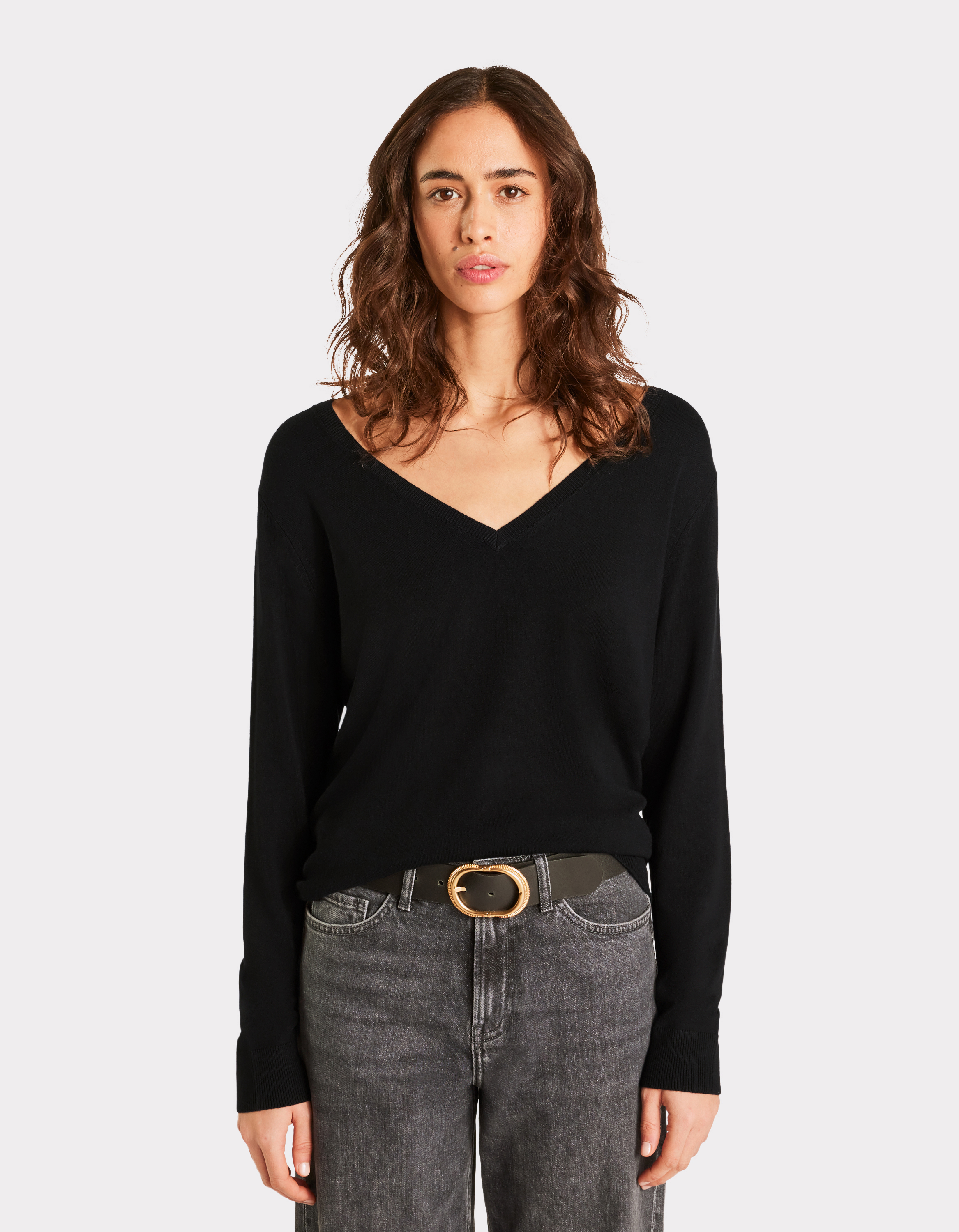 Pull en maille fine col V - noir - celio - Modalova