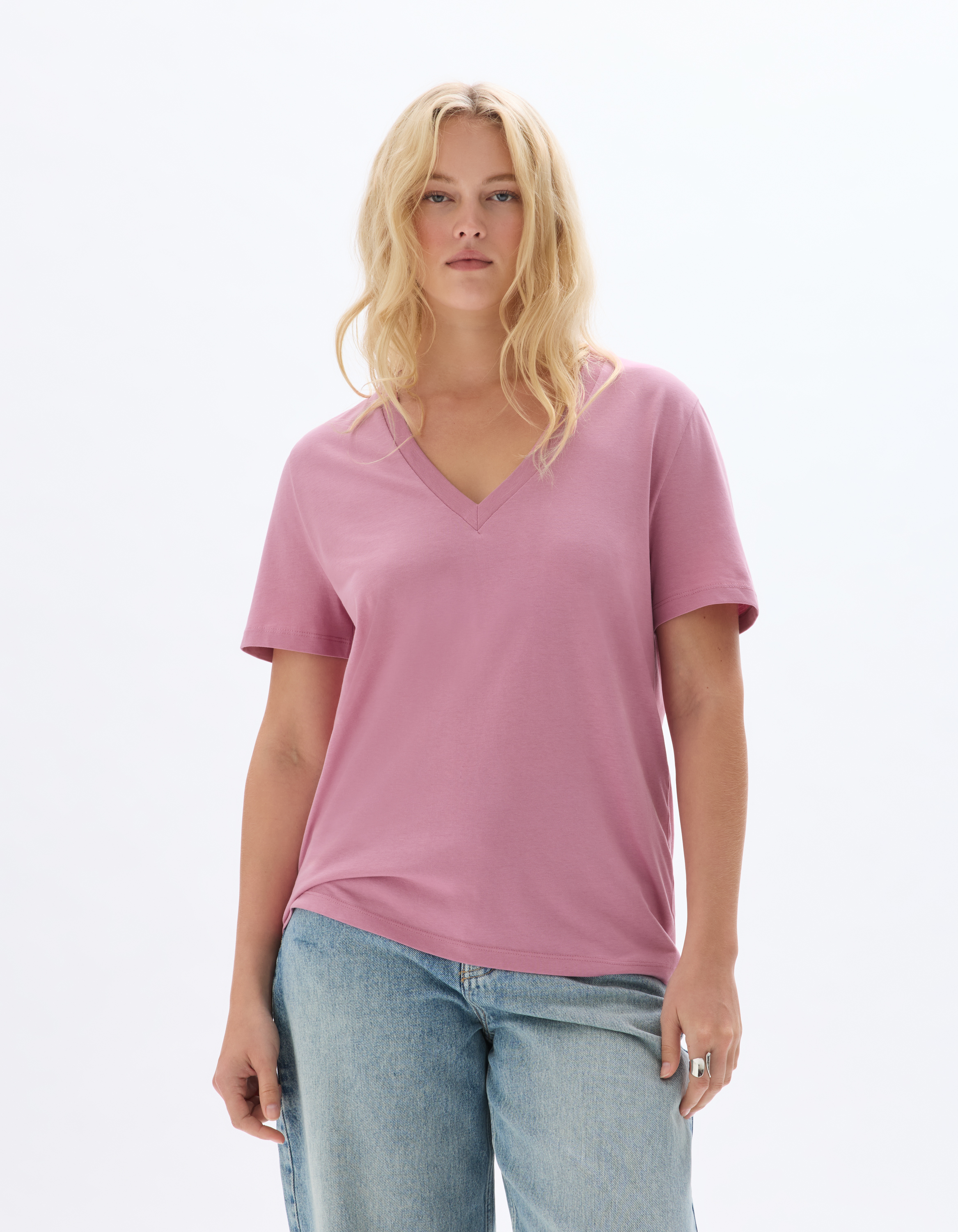 T-shirt manches courtes à col V - rose - celio - Modalova