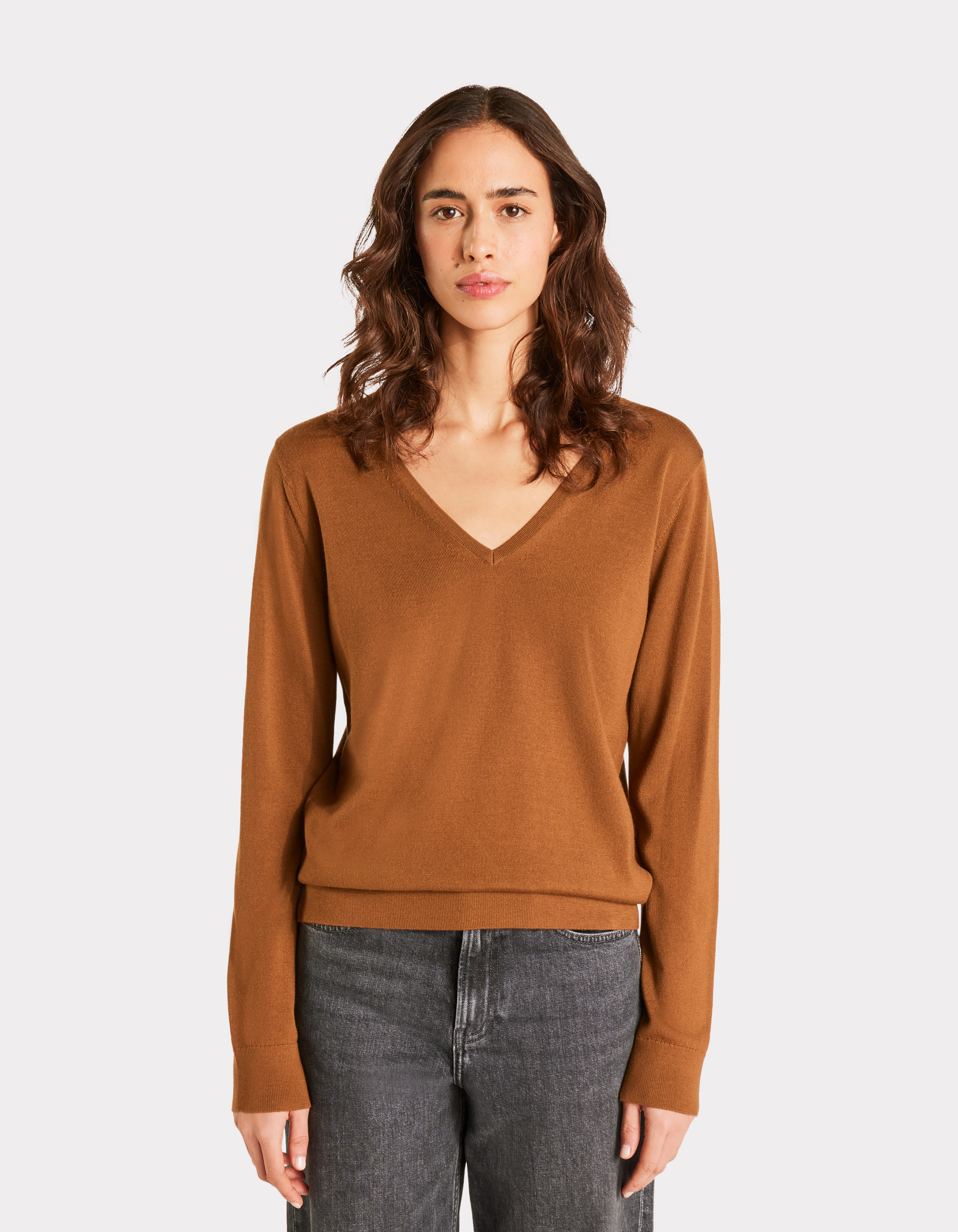 Pull 100% laine mérinos à col V - marron - celio - Modalova