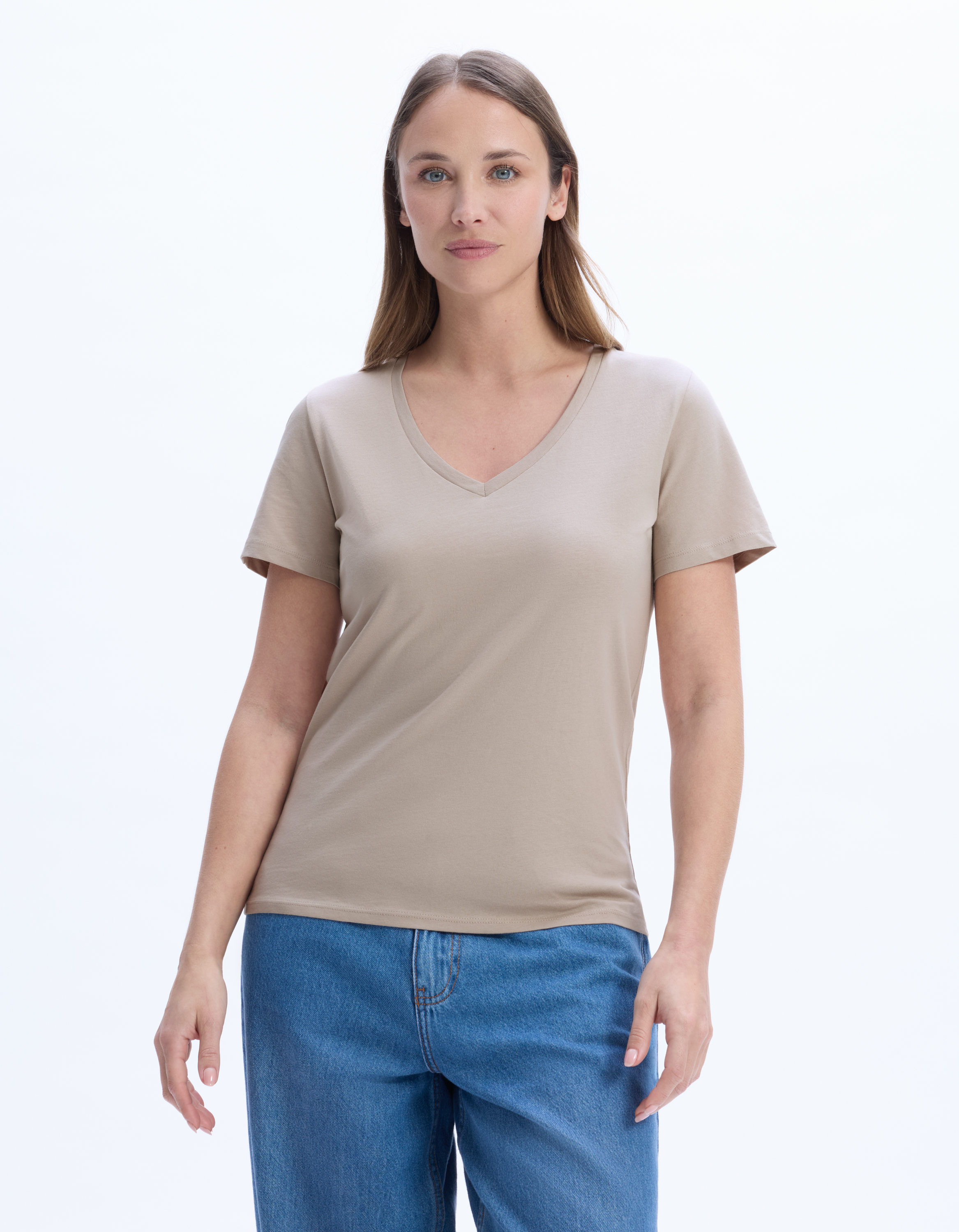 T-shirt en coton biologique col V - beige - celio - Modalova