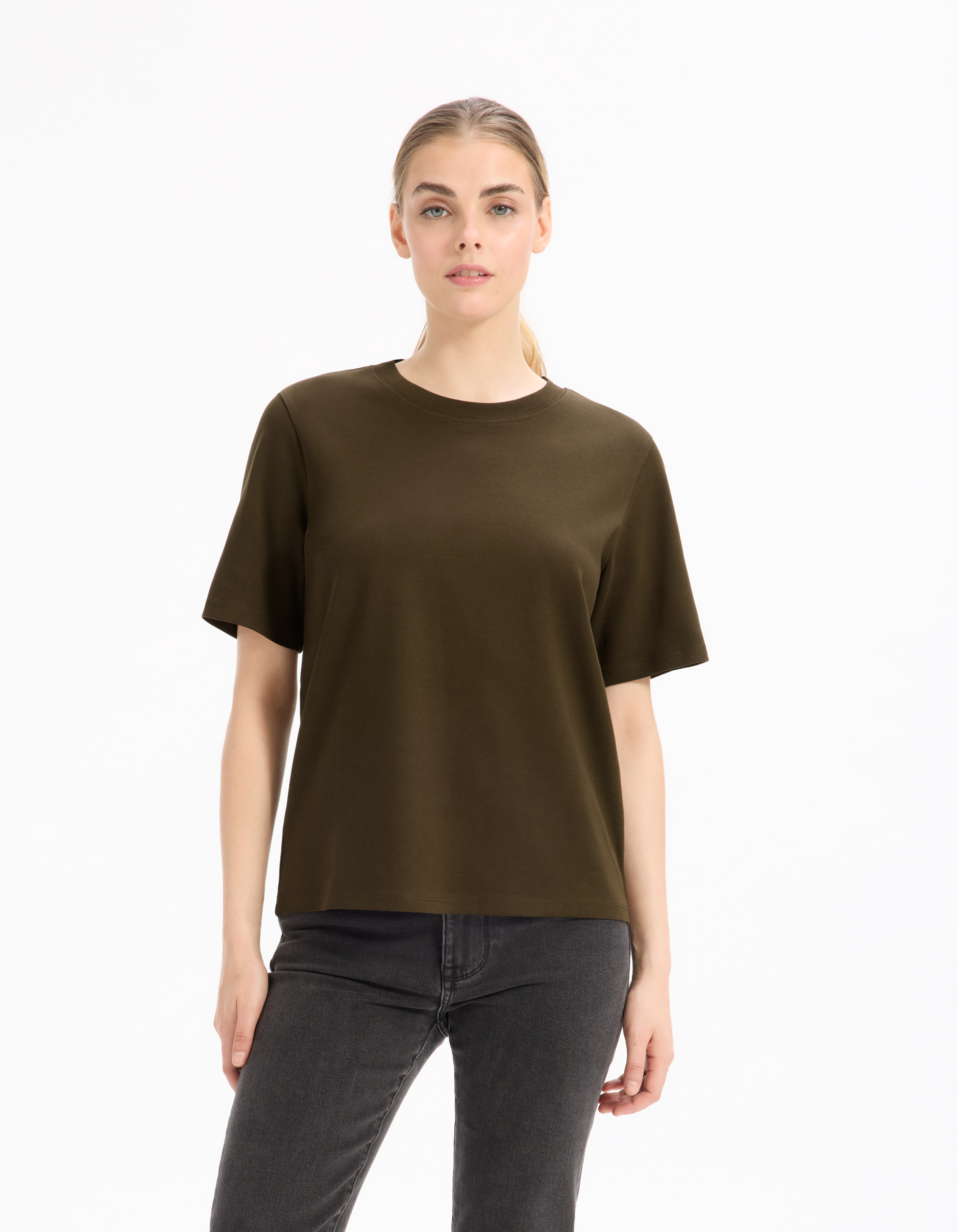 T-shirt en coton doux col rond - kaki - celio - Modalova