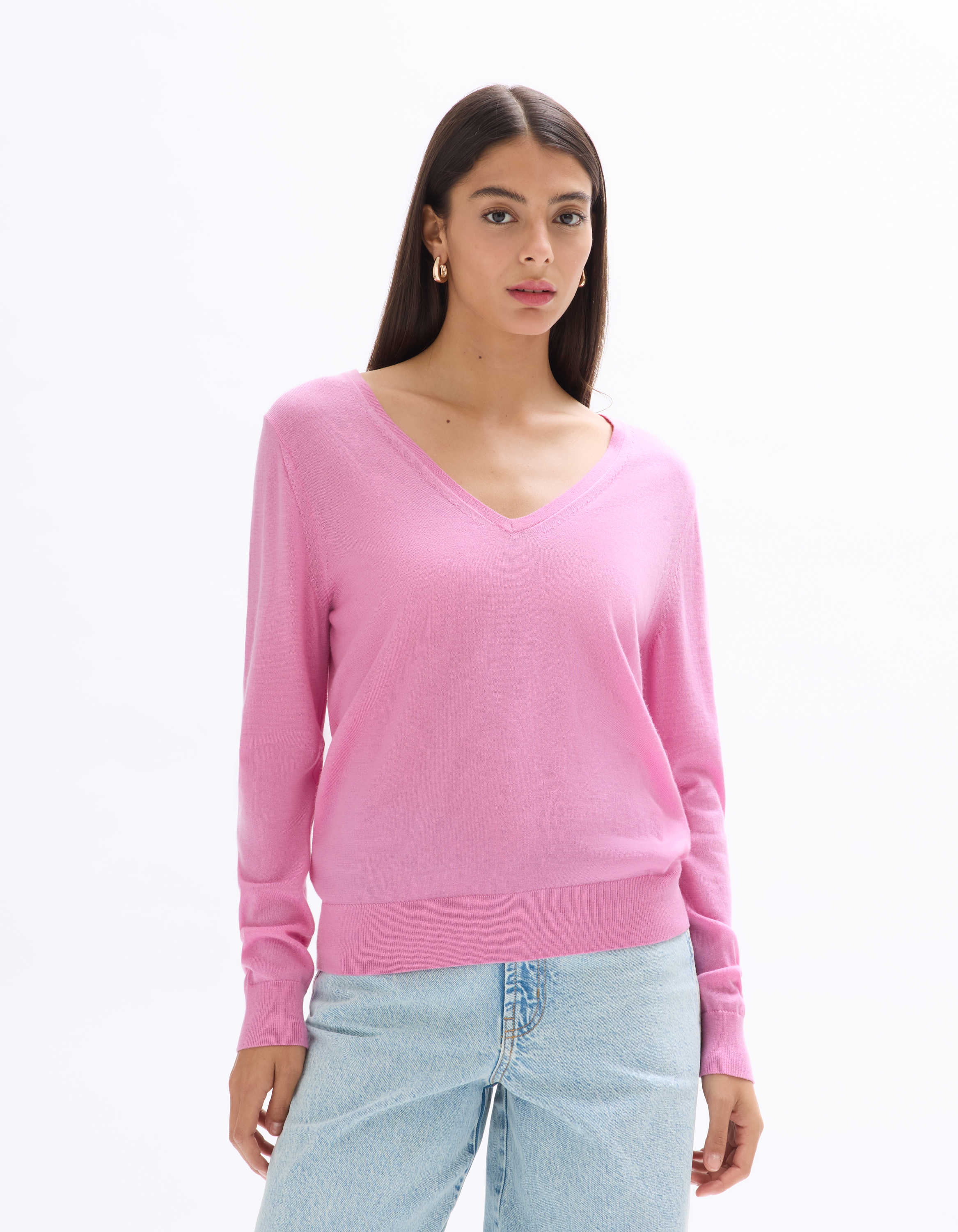 Pull 100% laine mérinos à col V - rose - celio - Modalova