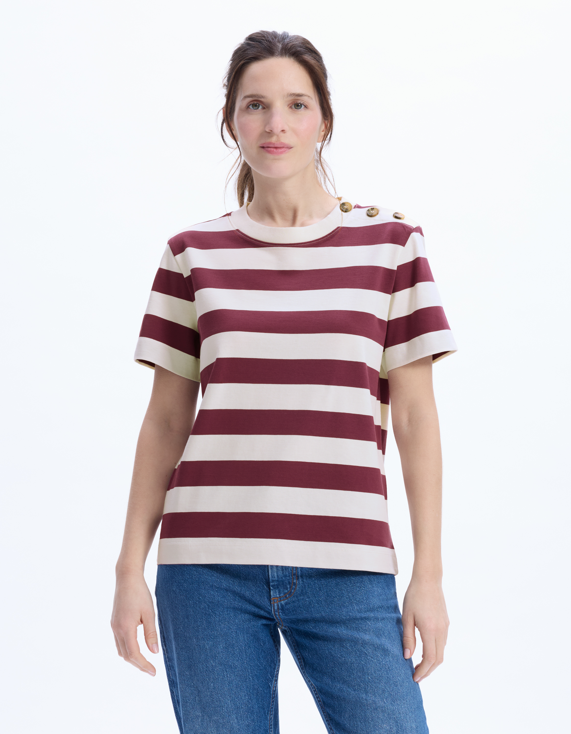 T-shirt boutonné à rayures - bordeaux - celio - Modalova