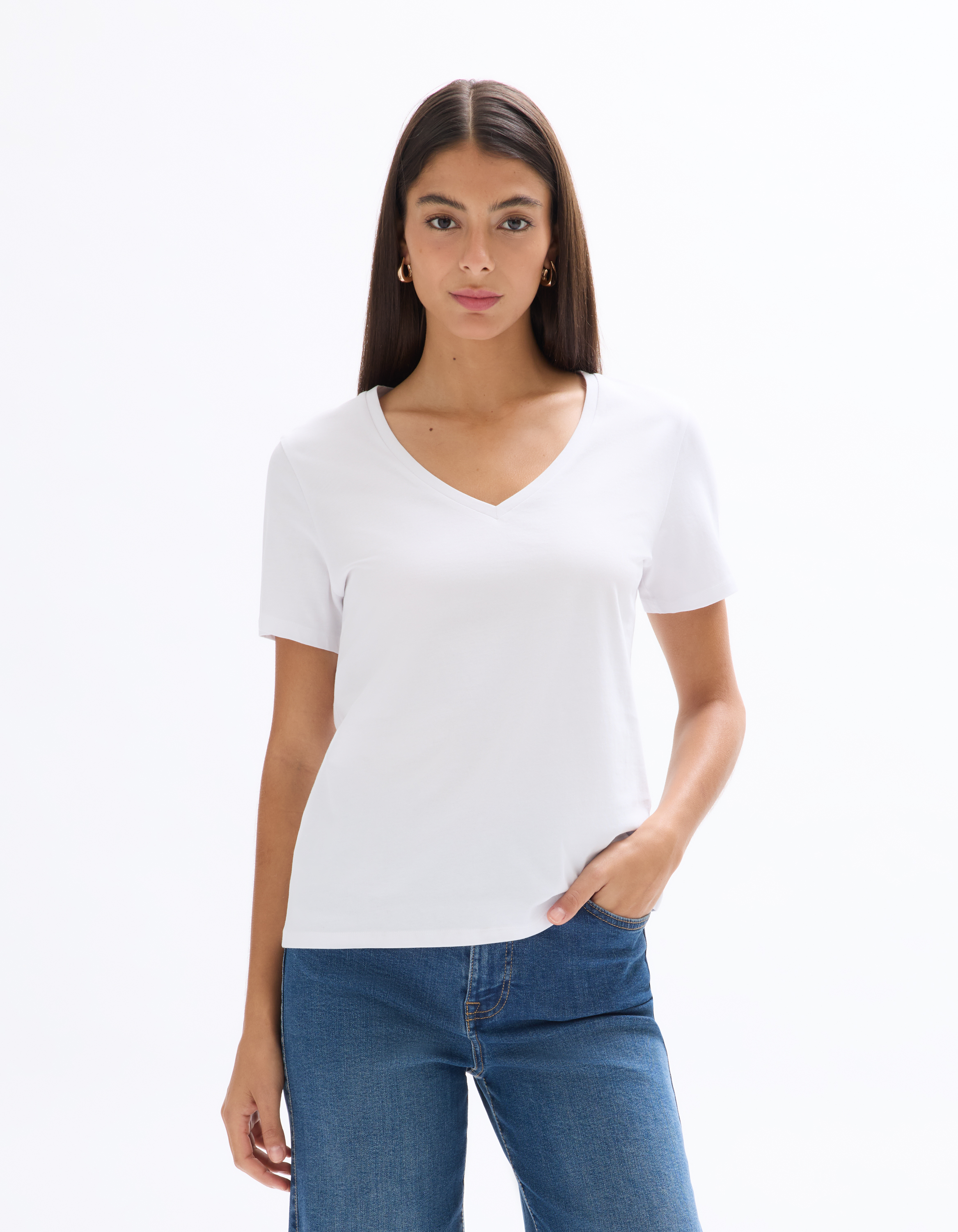 T-shirt en coton à col V - blanc - celio - Modalova