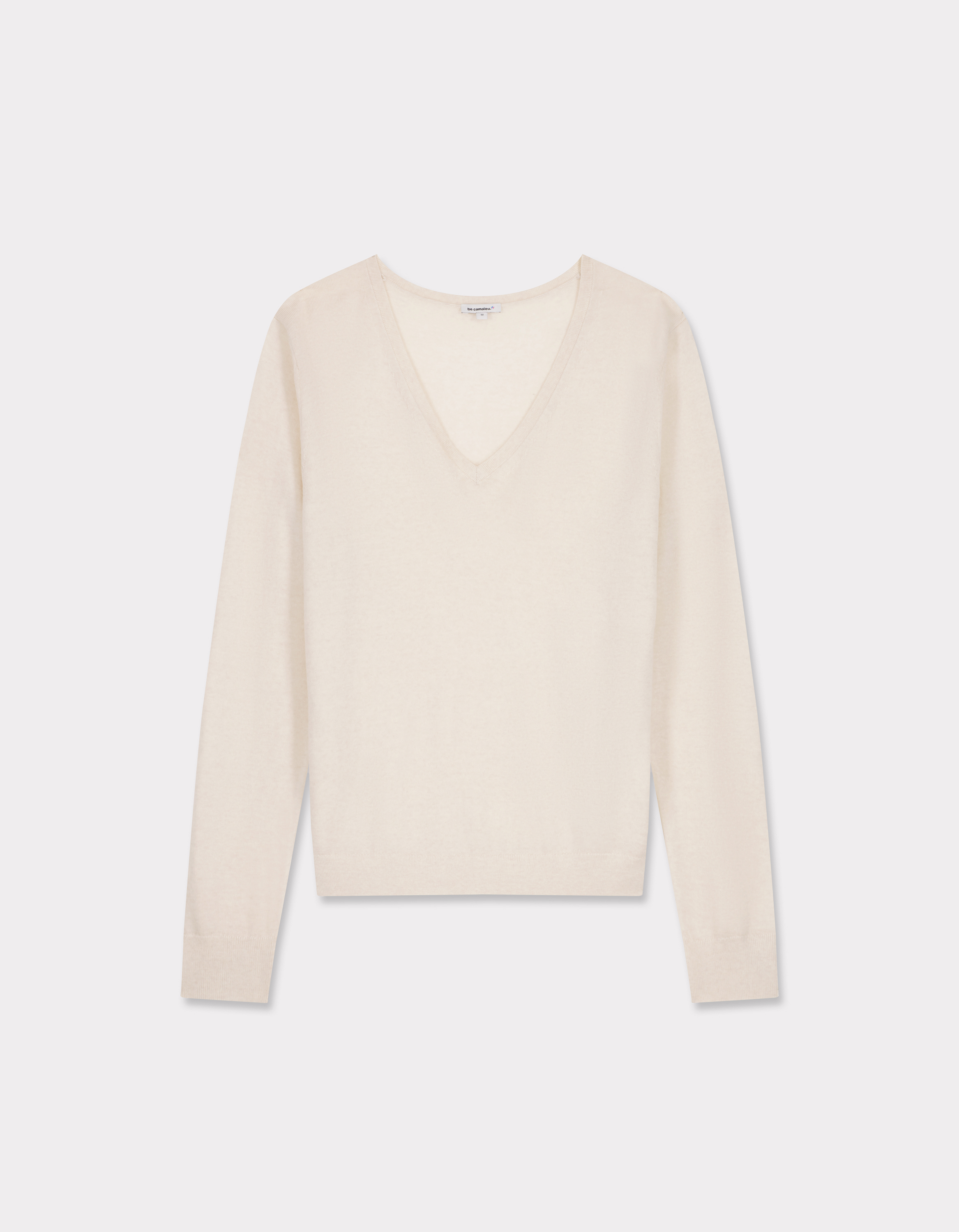 Pull 100% laine mérinos à col V - écru