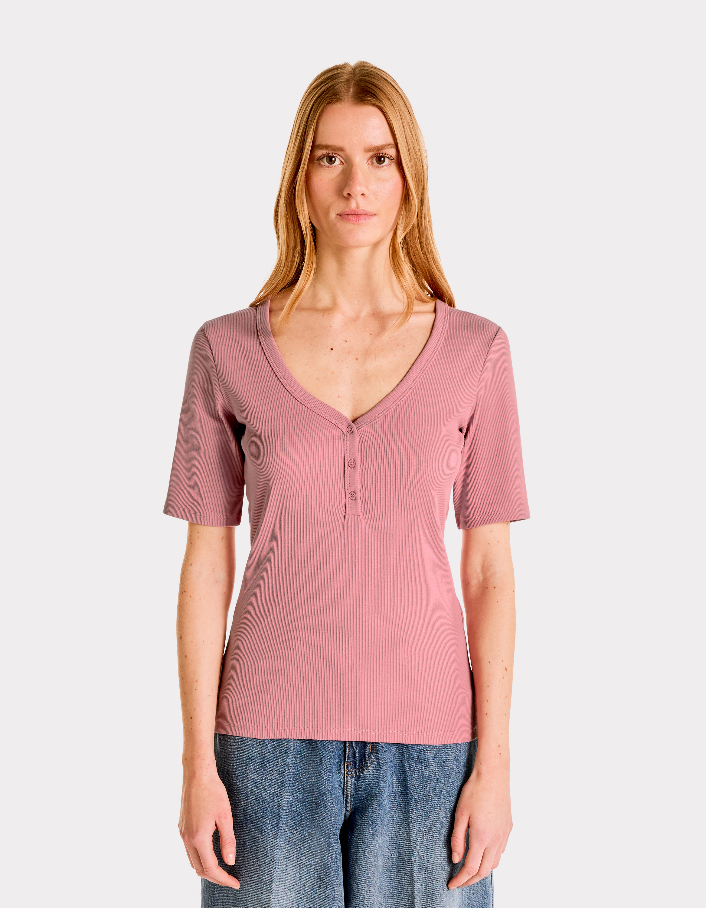 T-shirt côtelé col V - rose - celio - Modalova