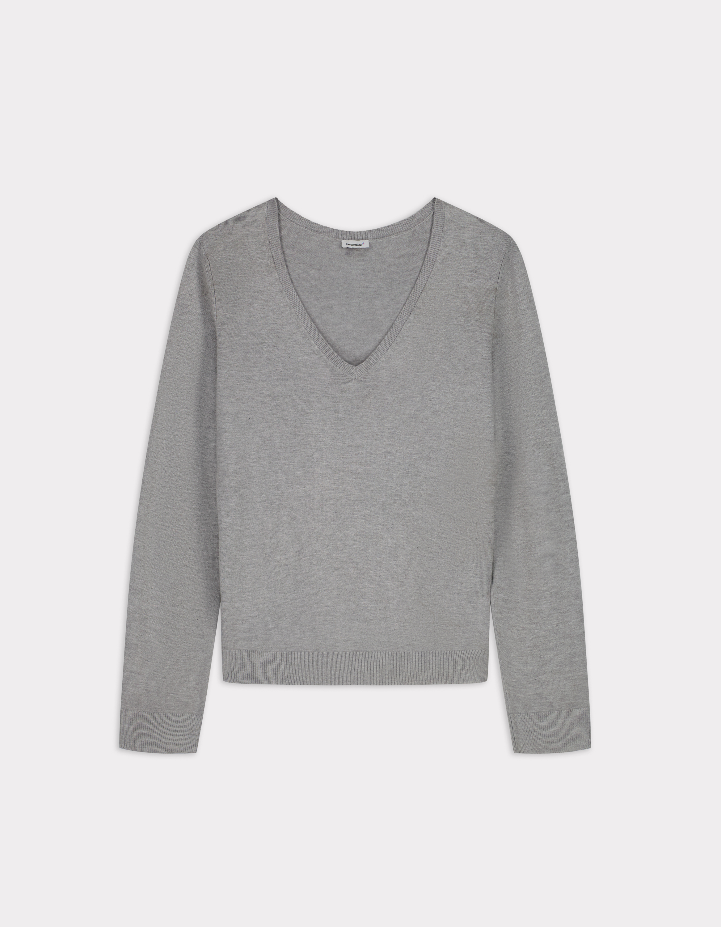 Pull en maille fine col V - gris clair