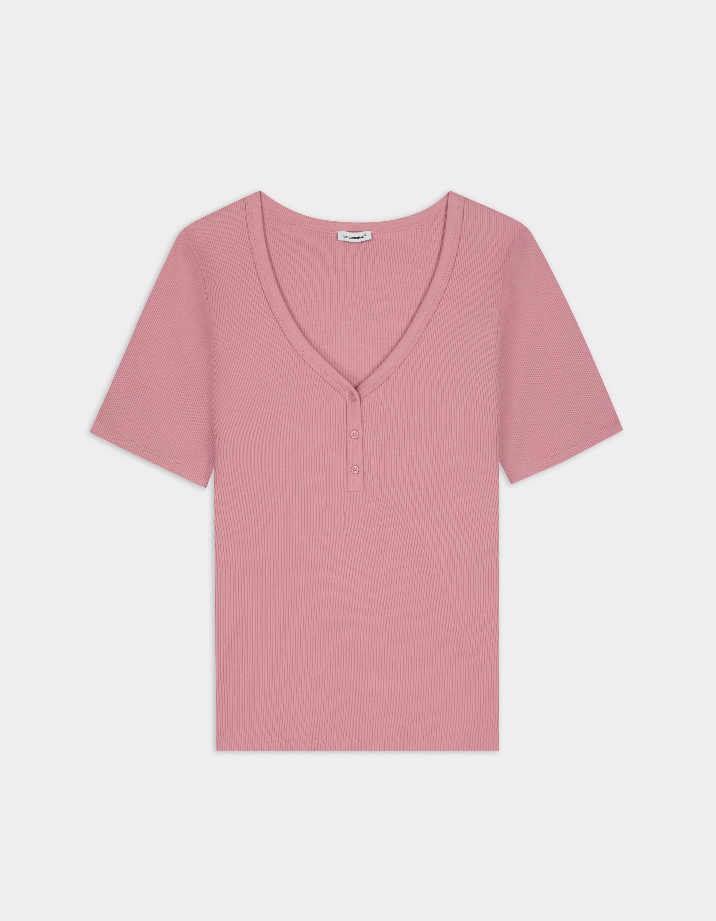 T-shirt côtelé col V - rose