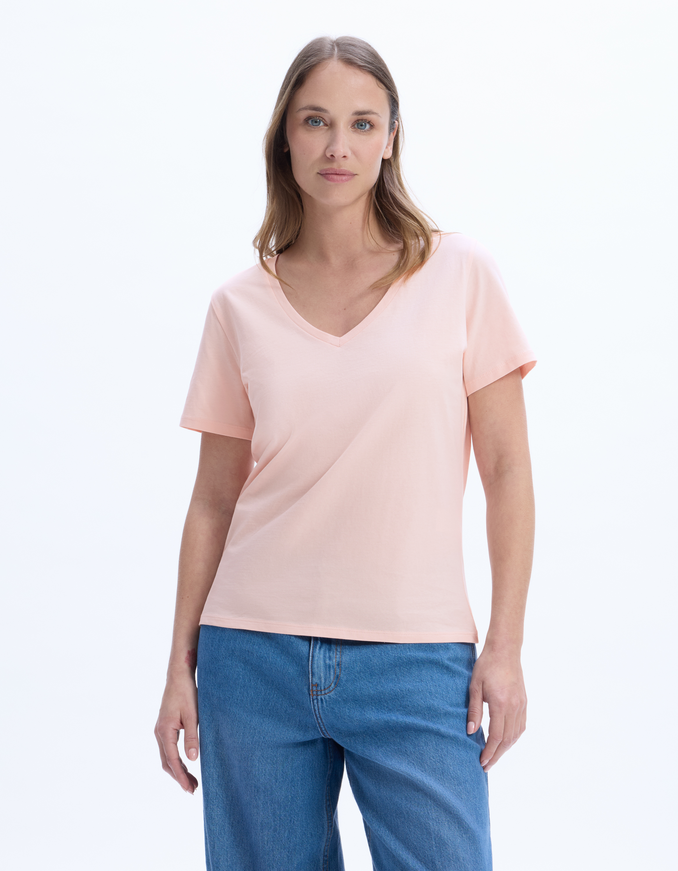 T-shirt en coton biologique col V - beige - celio - Modalova
