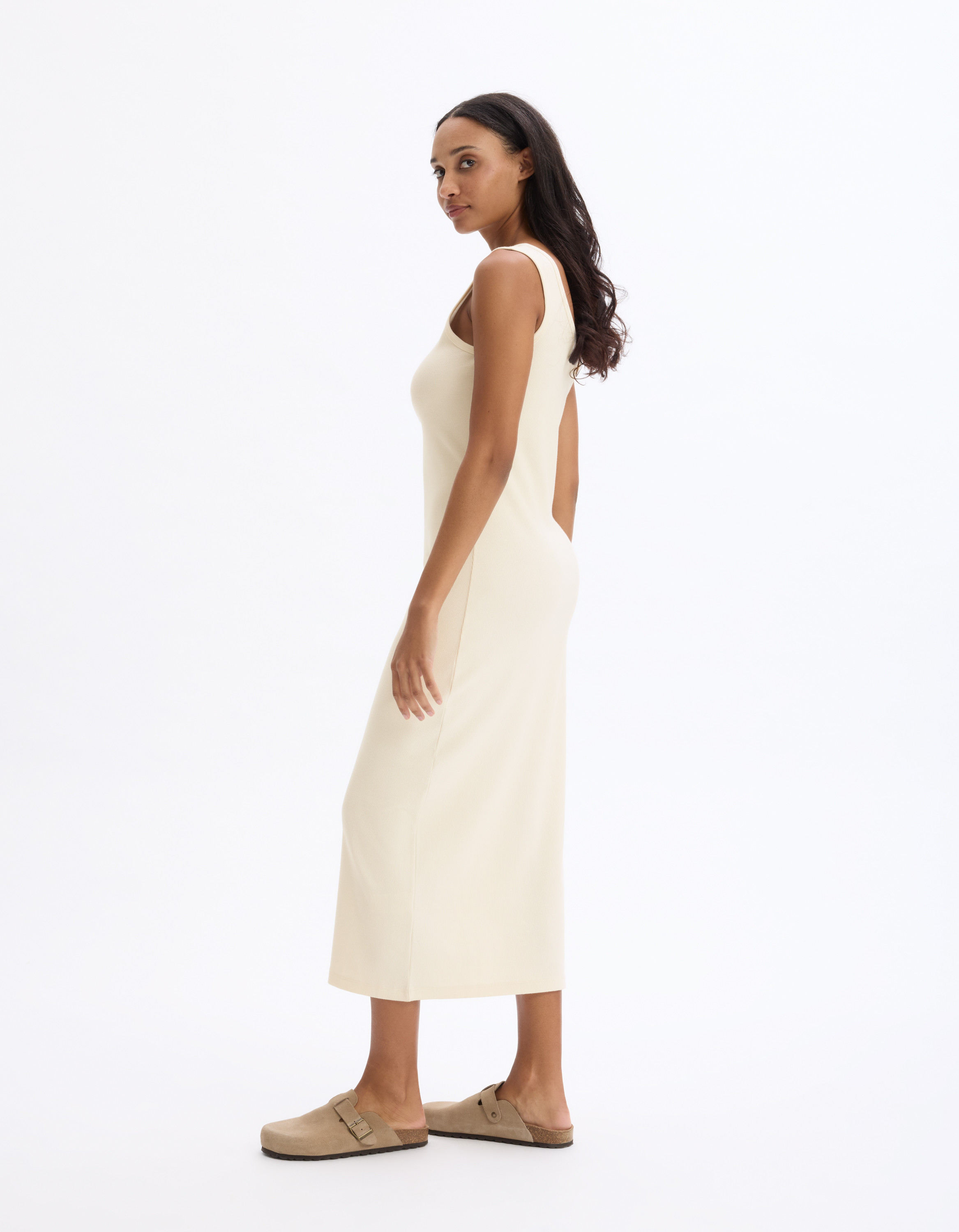 Robe longue côtelée en coton - beige - celio - Modalova