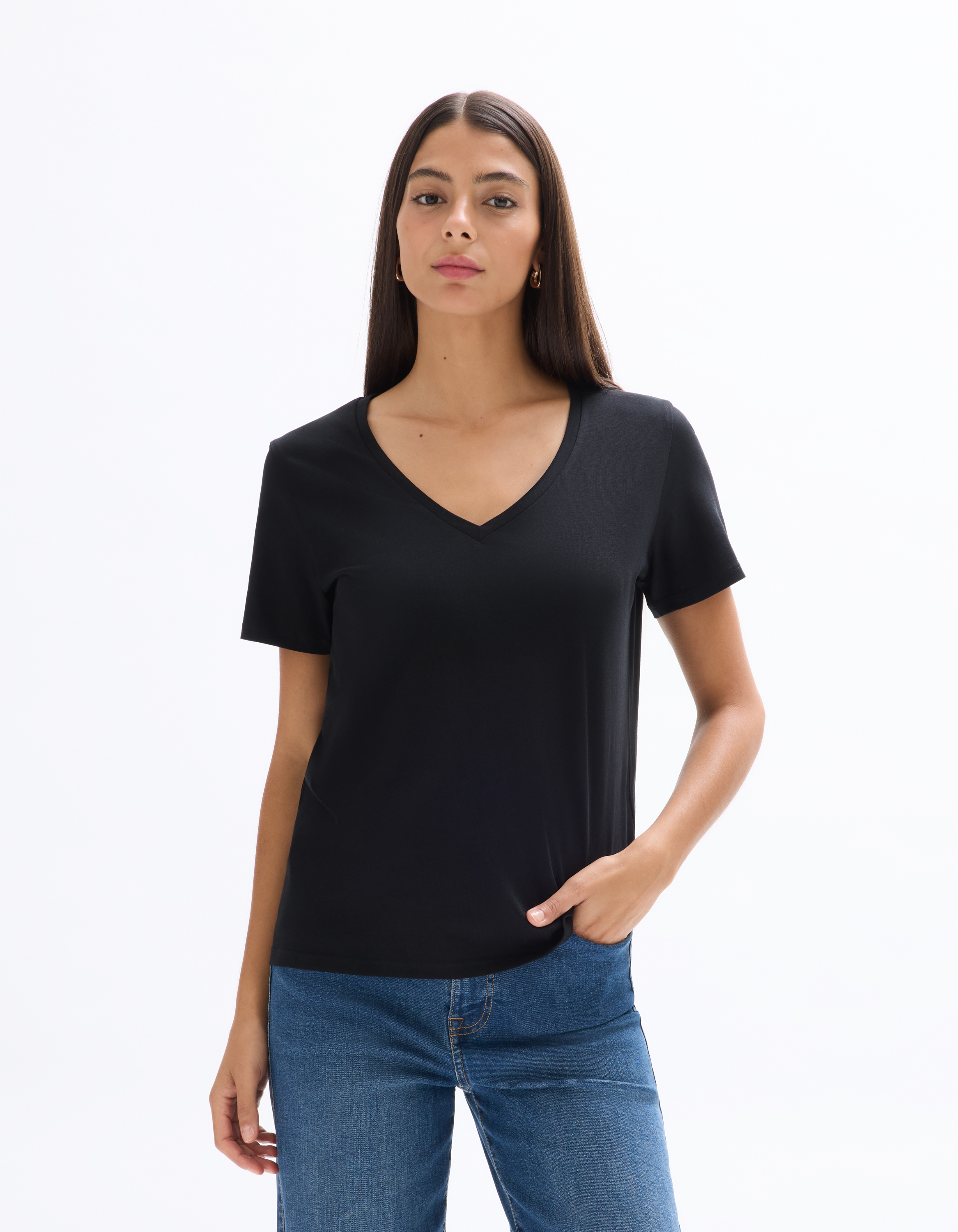 T-shirt en coton à col V - noir - celio - Modalova