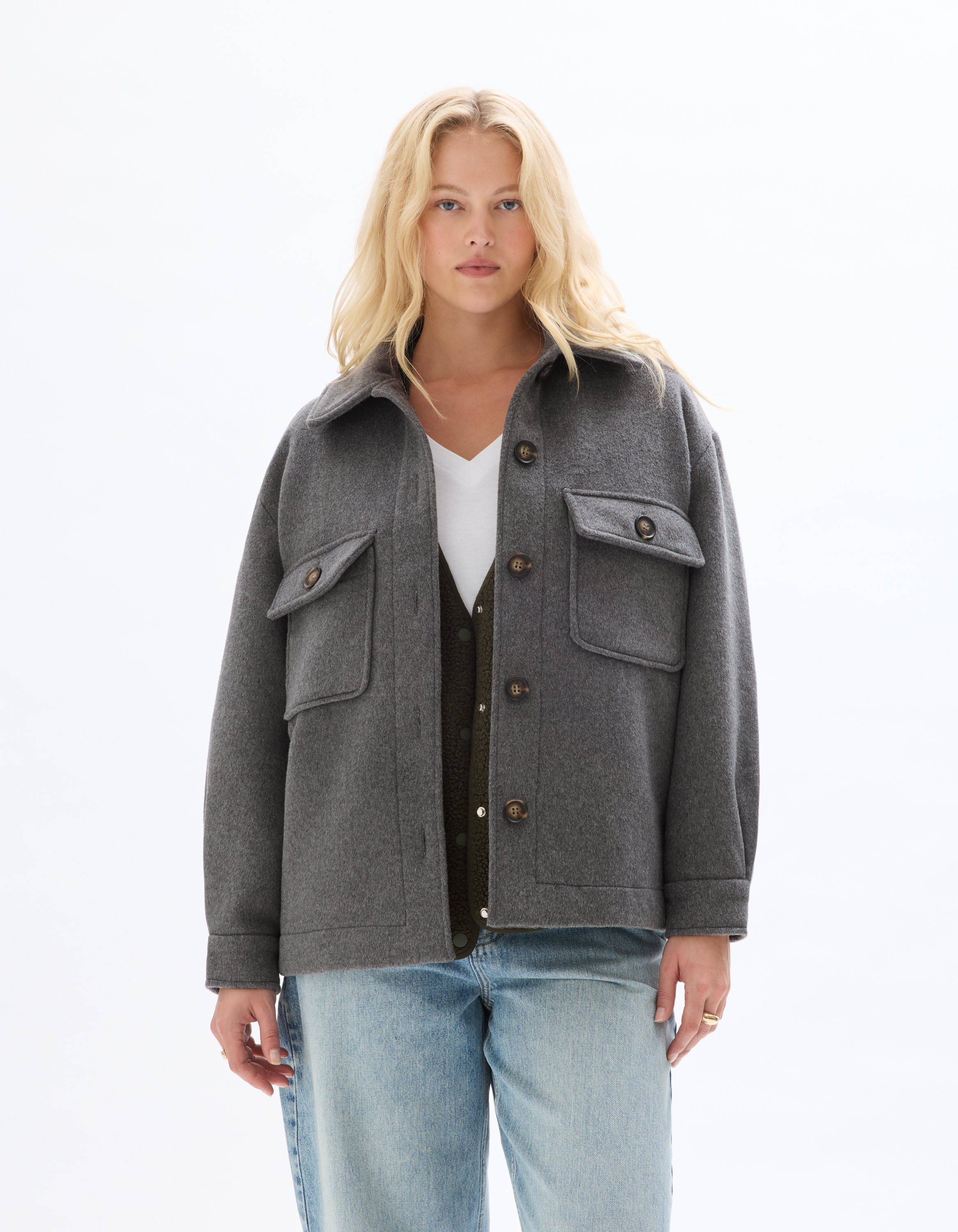 Blouson duveteux col chemise - gris - celio - Modalova