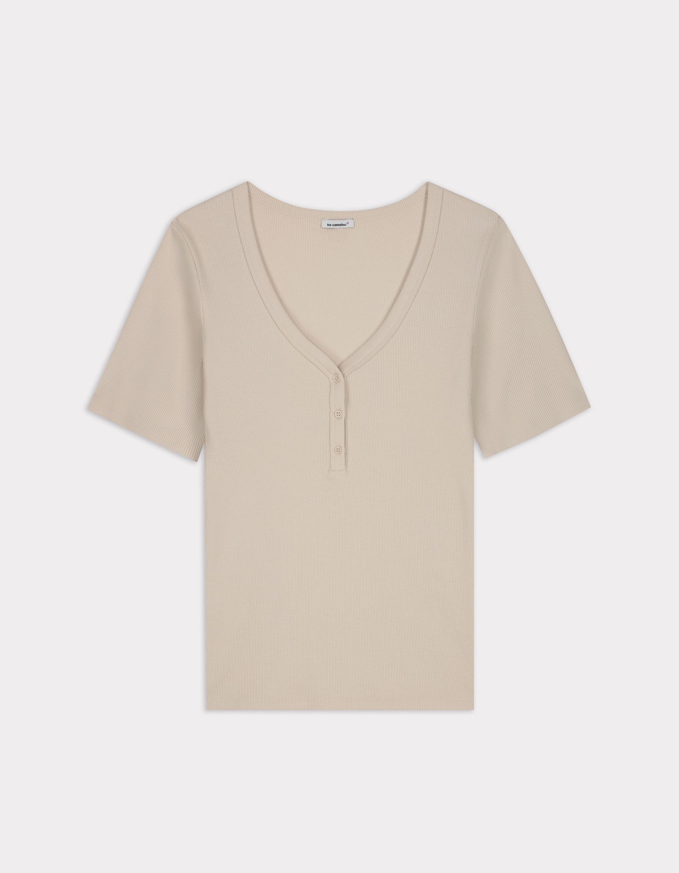 T-shirt côtelé col V - beige