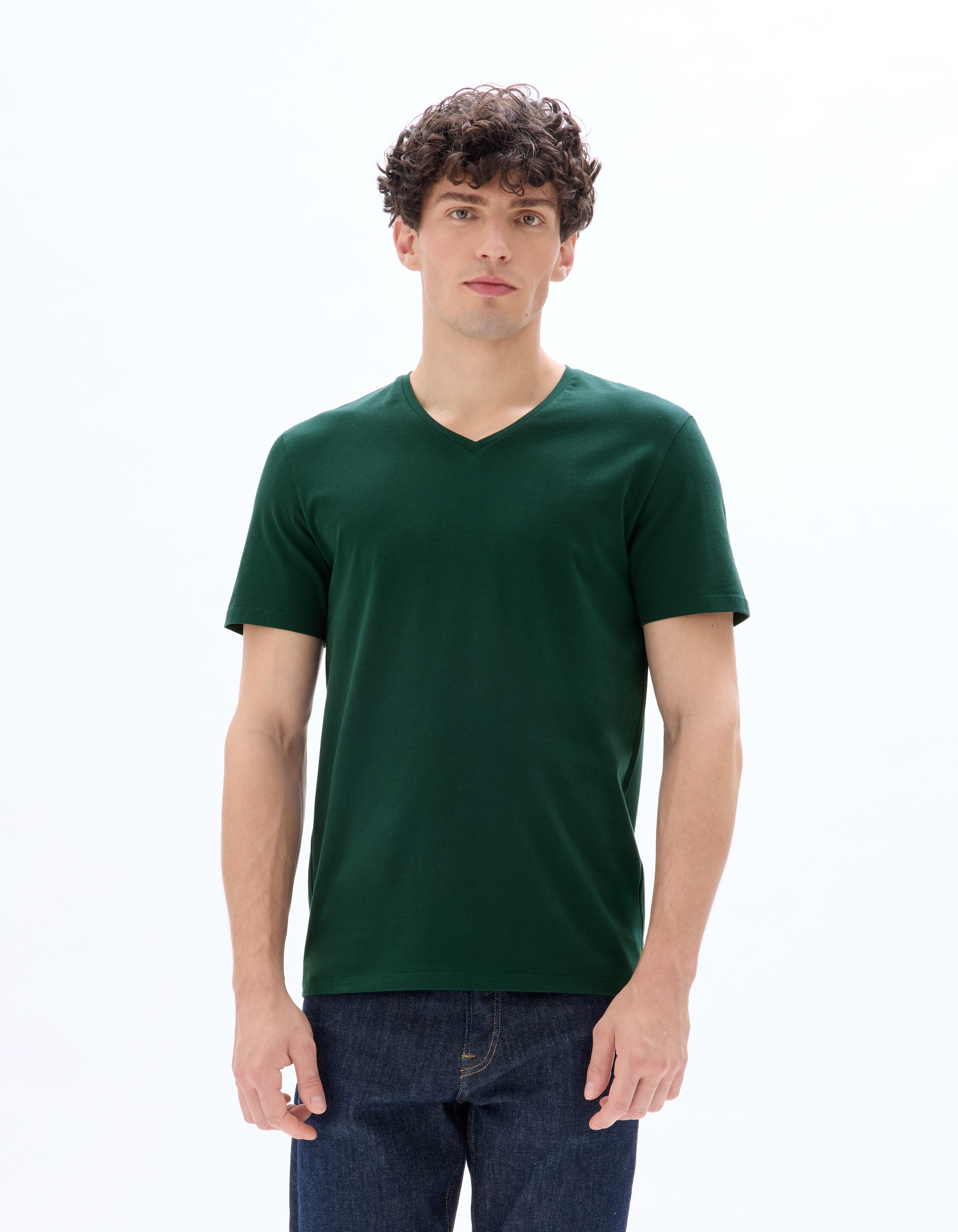 T-shirt slim col V en coton stretch - vert foncé - camaieu - Modalova