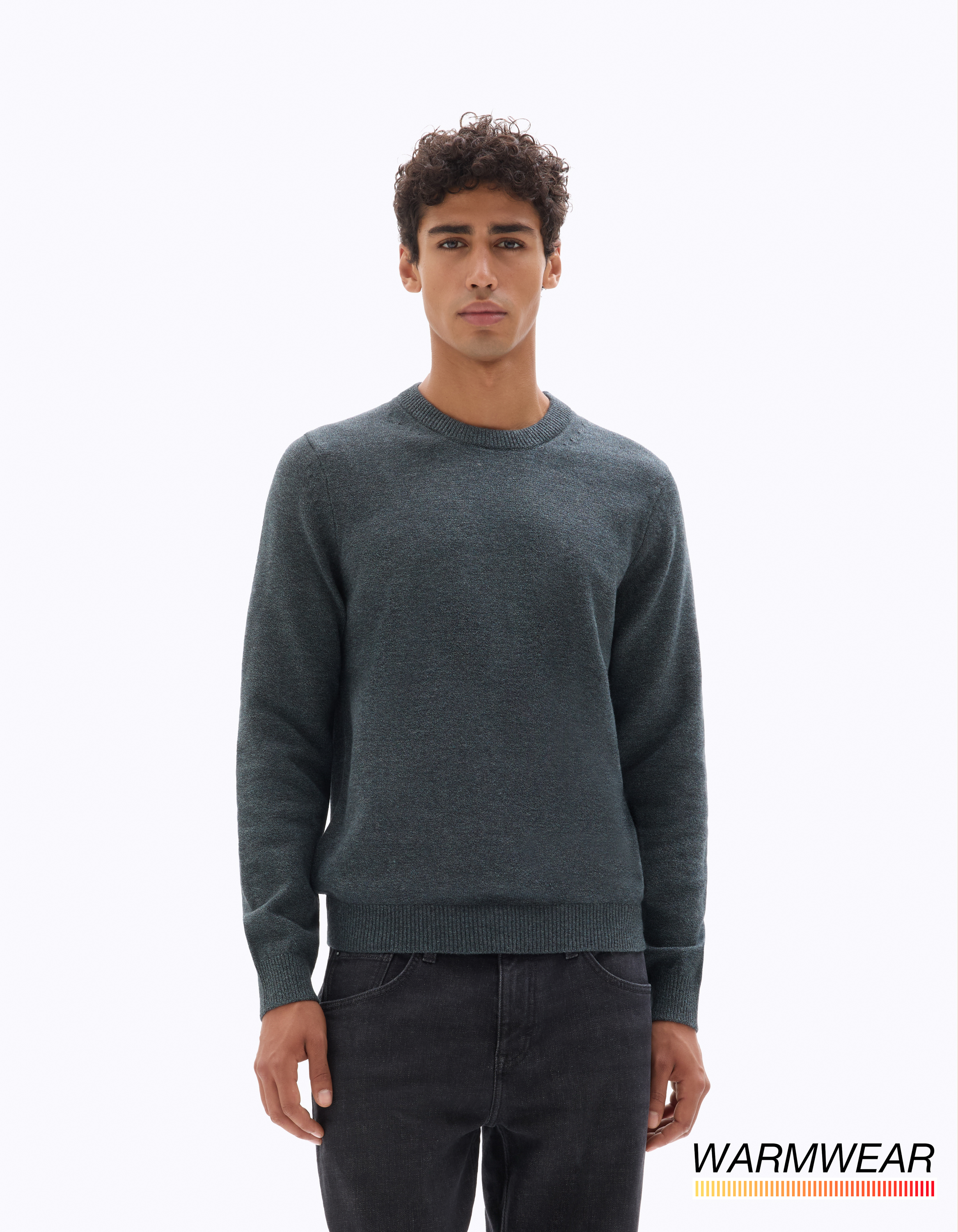 Pull mouliné Thermolite® col rond - vert foncé - camaieu - Modalova