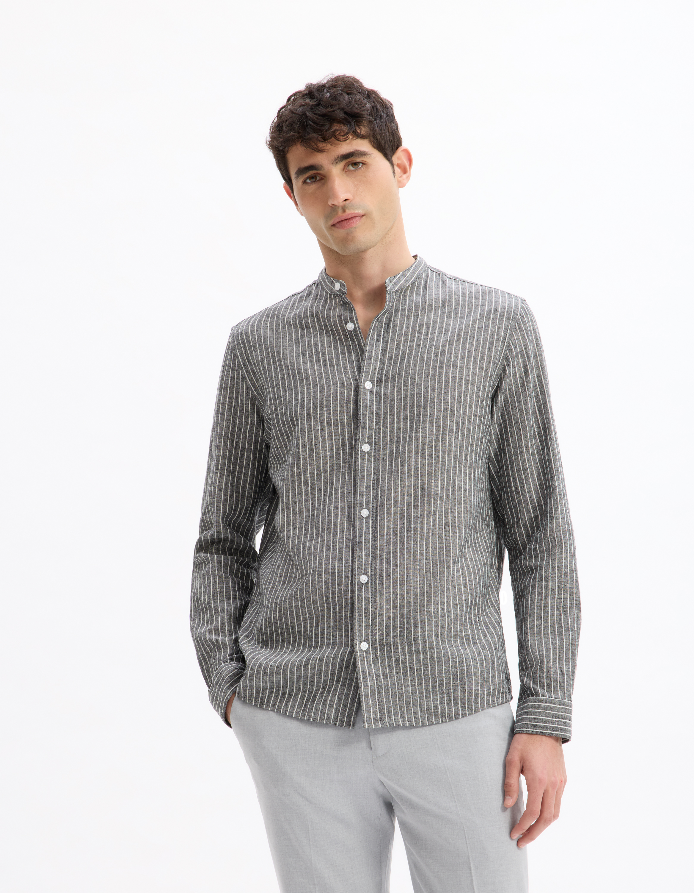 Chemise regular rayé col mao en lin et coton - noir - camaieu - Modalova