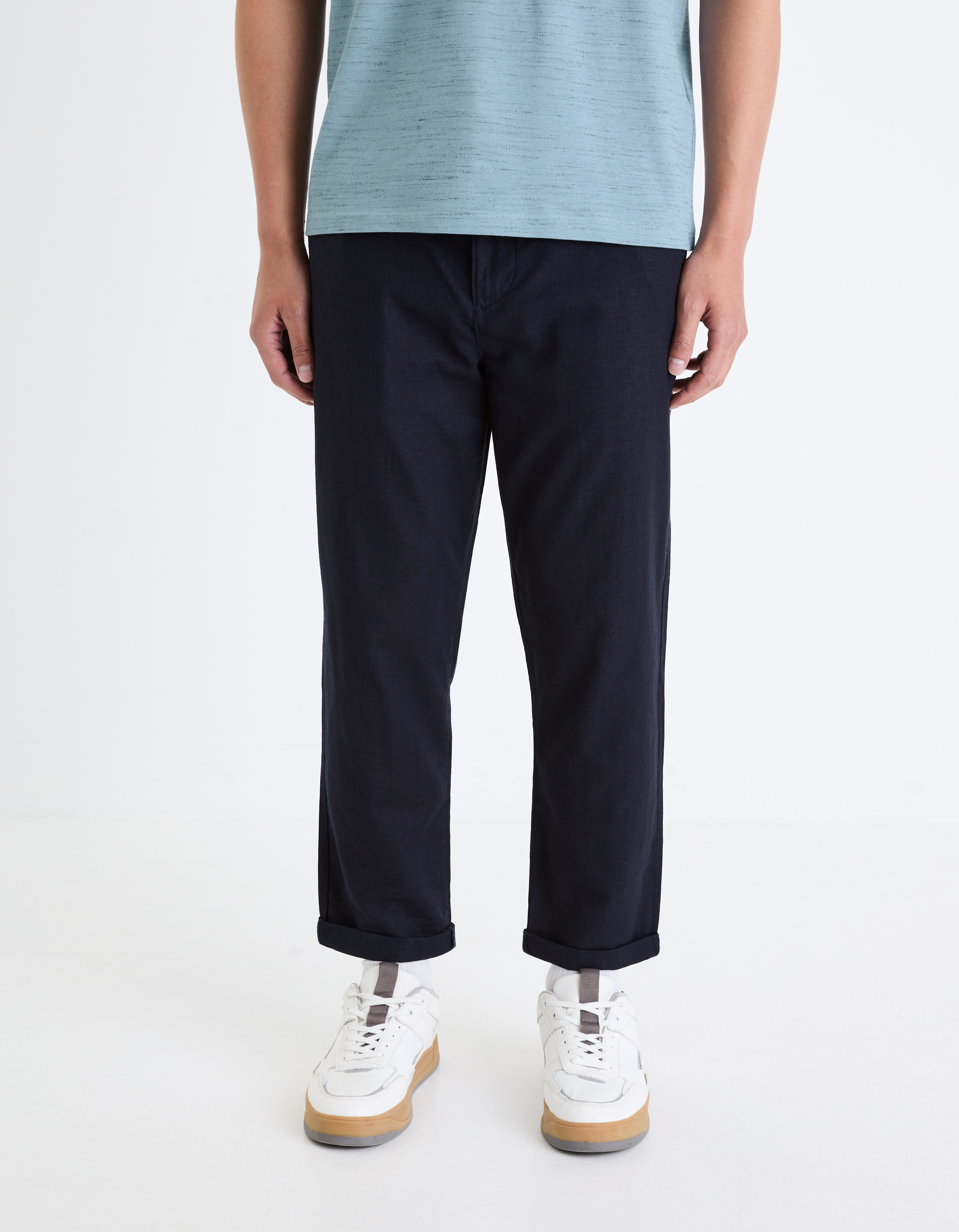 Pantalon straight en lin et coton - marine - camaieu - Modalova