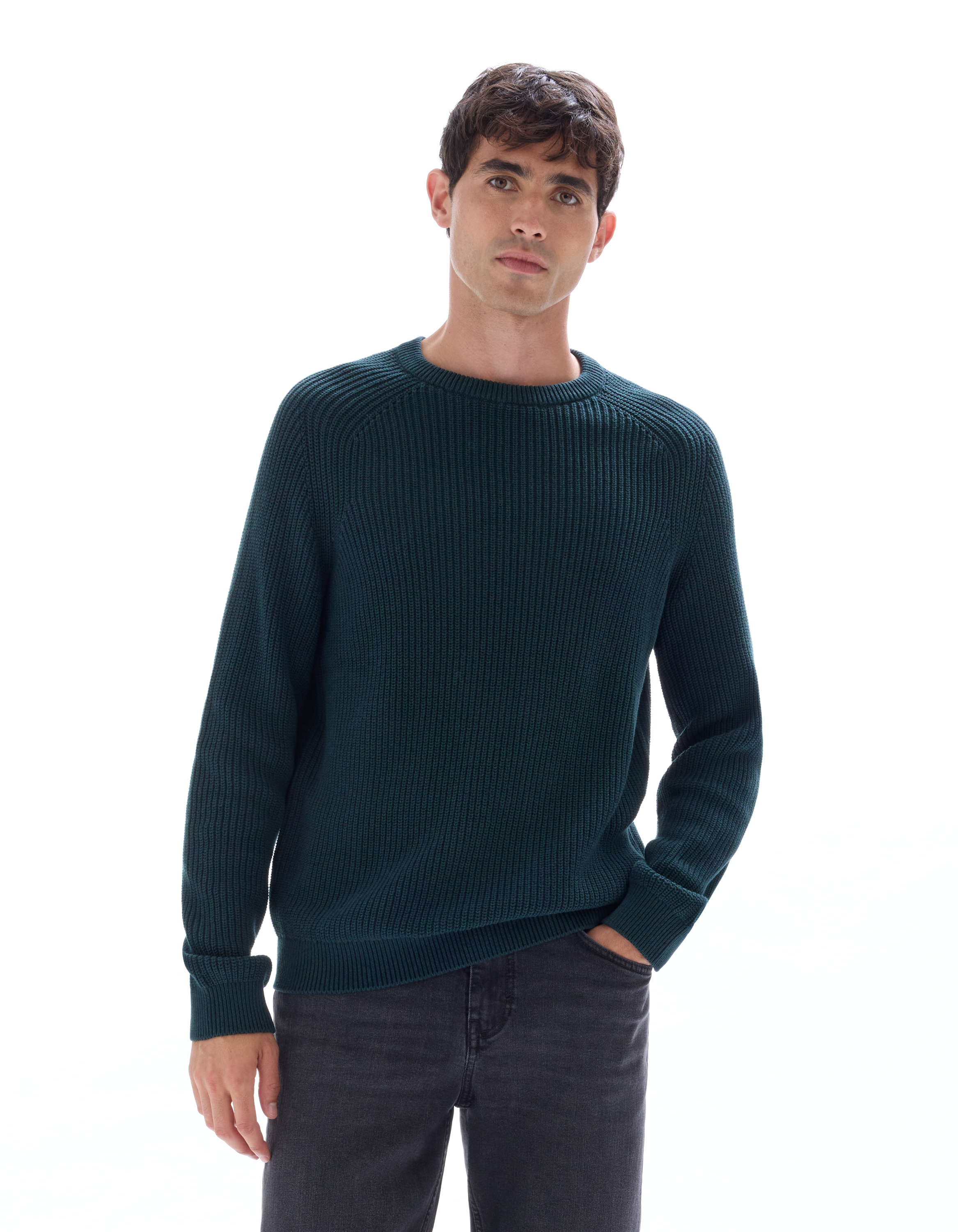 Pull col rond 100% coton - vert foncé - camaieu - Modalova