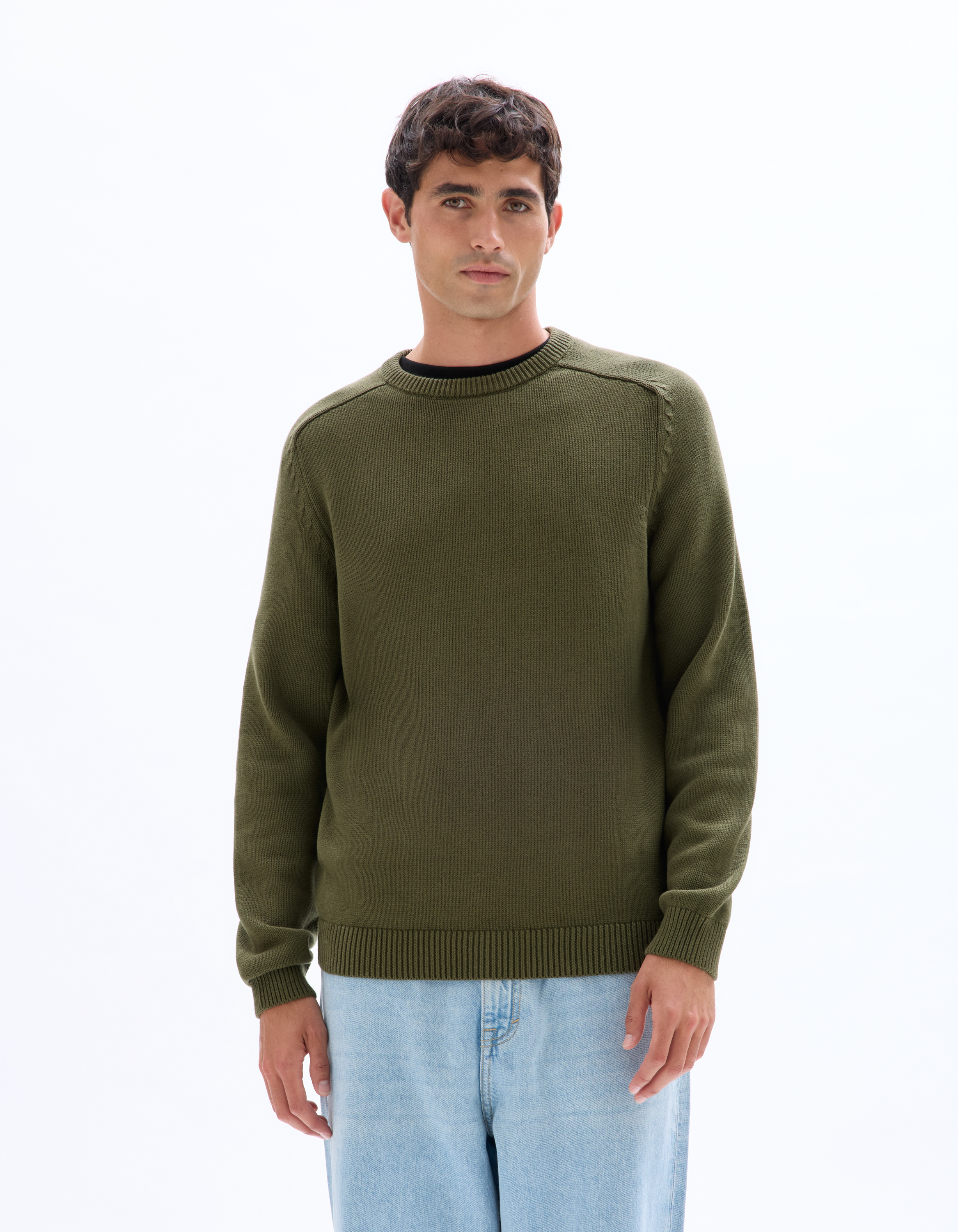 Pull col rond uni 100% coton - kaki - camaieu - Modalova