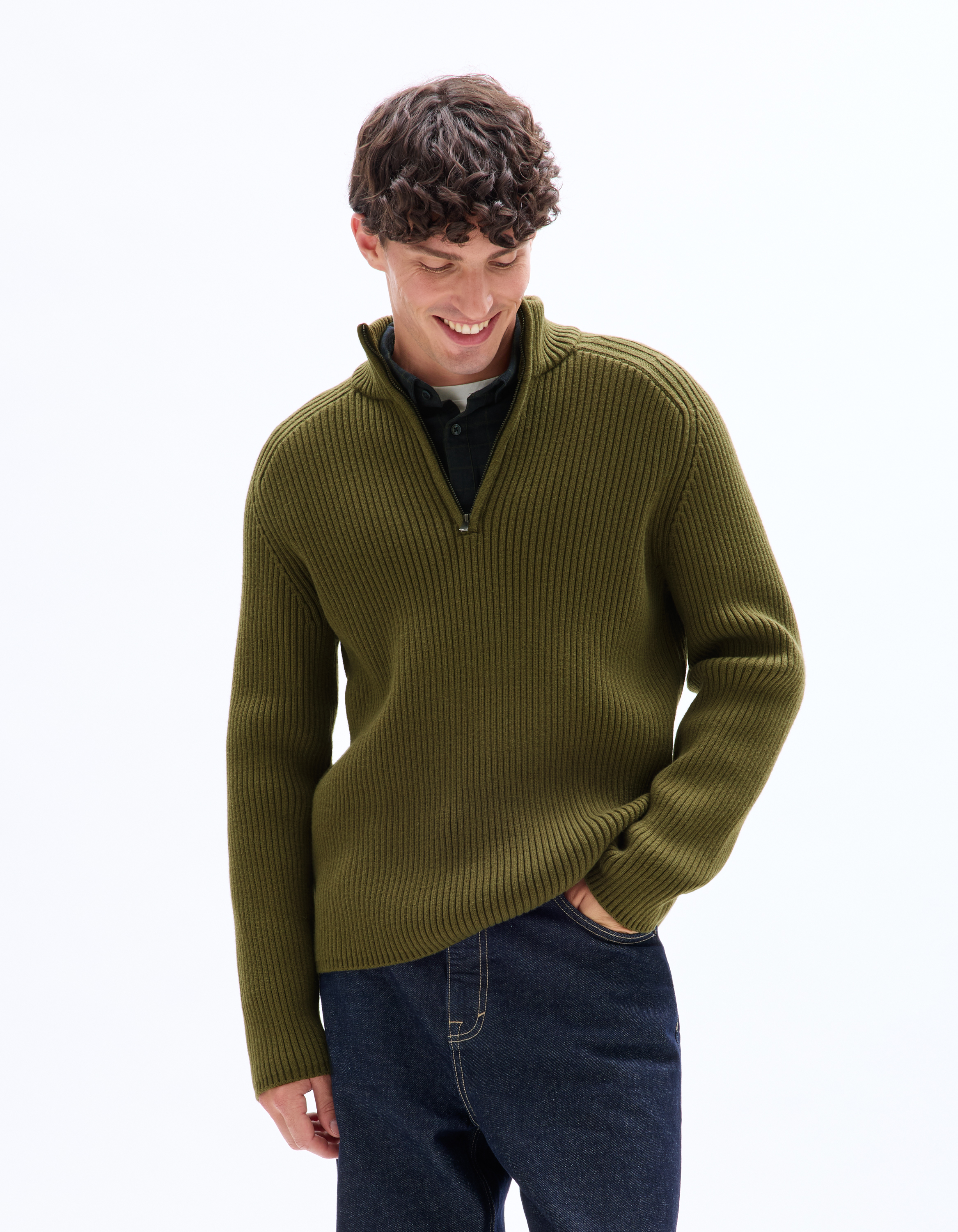 Pull col camionneur en maille côtelée - kaki - camaieu - Modalova