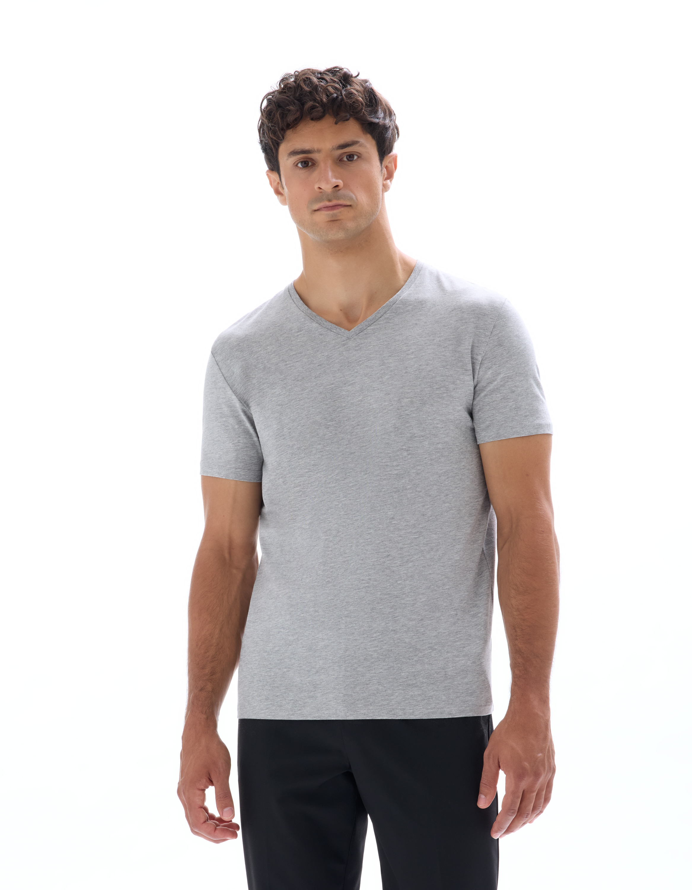 T-shirt slim col V en coton stretch - gris chiné - camaieu - Modalova