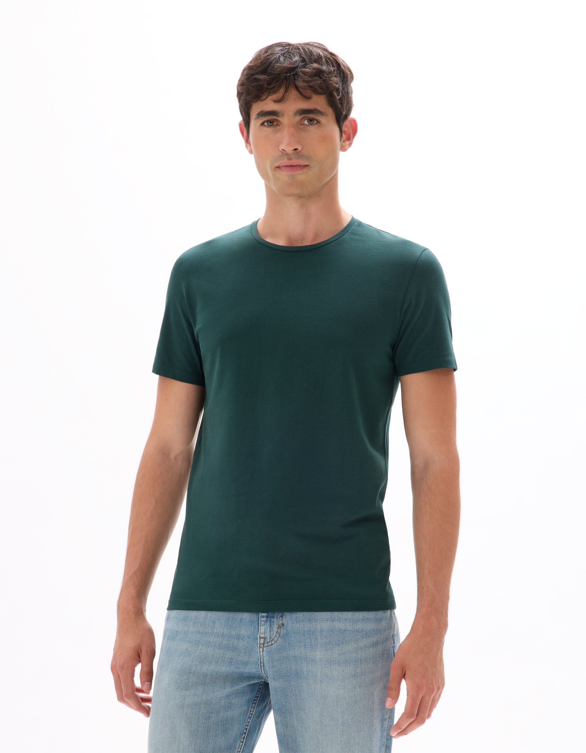 T-shirt slim col rond en coton stretch - vert foncé - camaieu - Modalova
