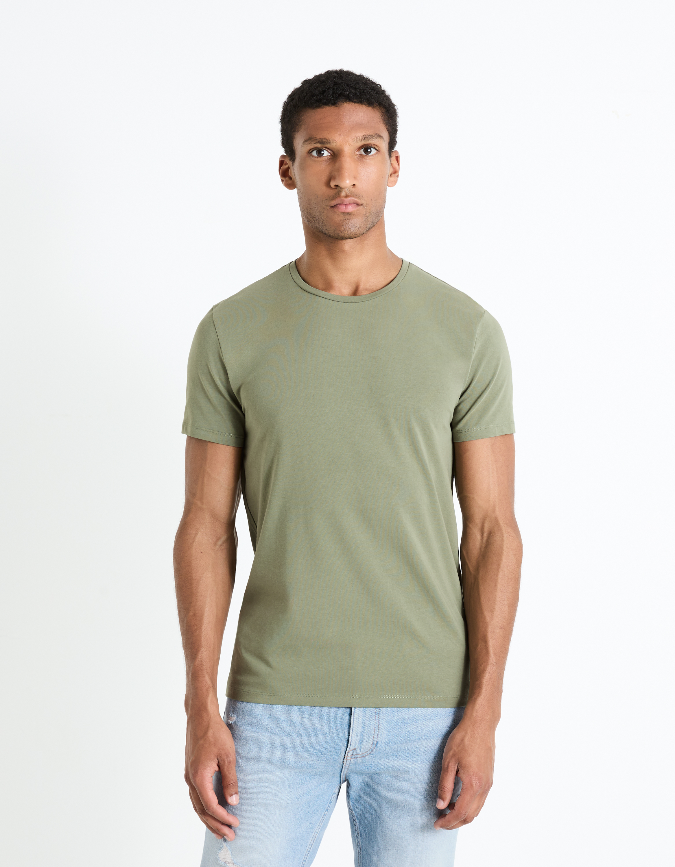 T-shirt slim col rond en coton stretch - camaieu - Modalova