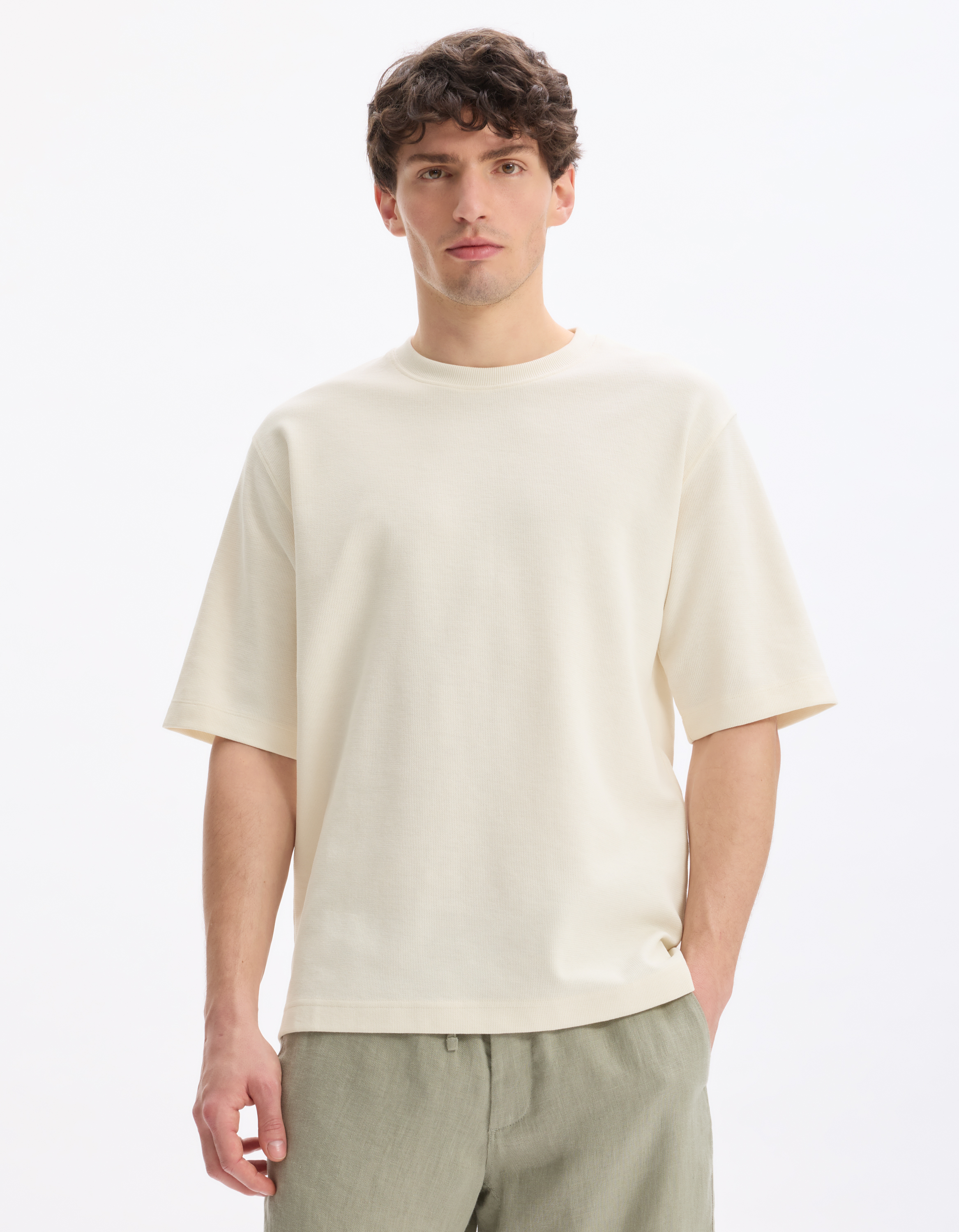 T-shirt oversize col rond - beige - camaieu - Modalova