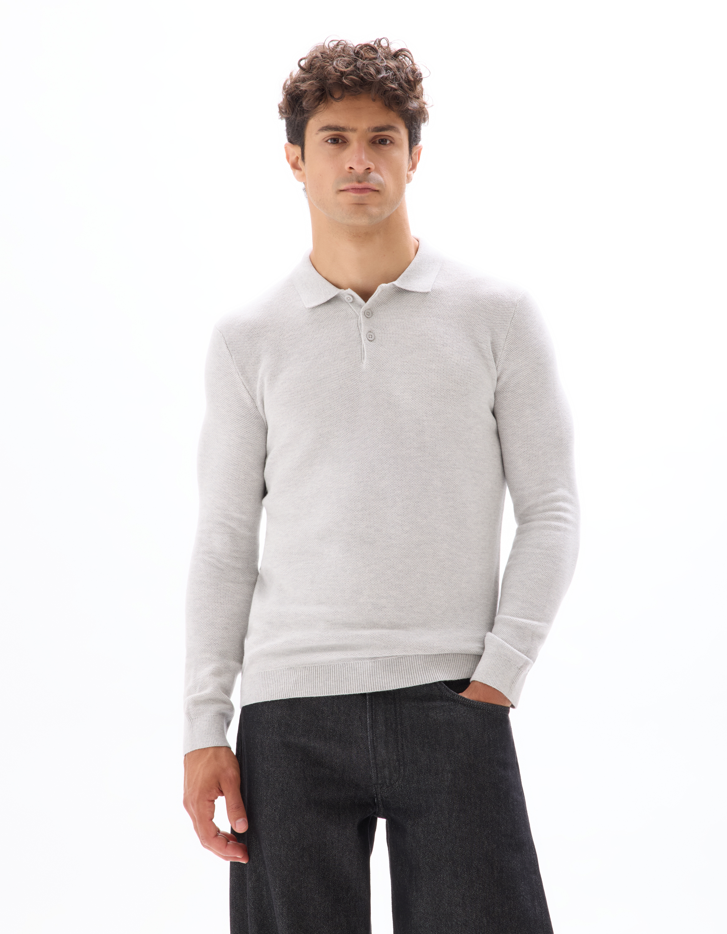 Pull col polo slim 100% coton - gris chiné - camaieu - Modalova