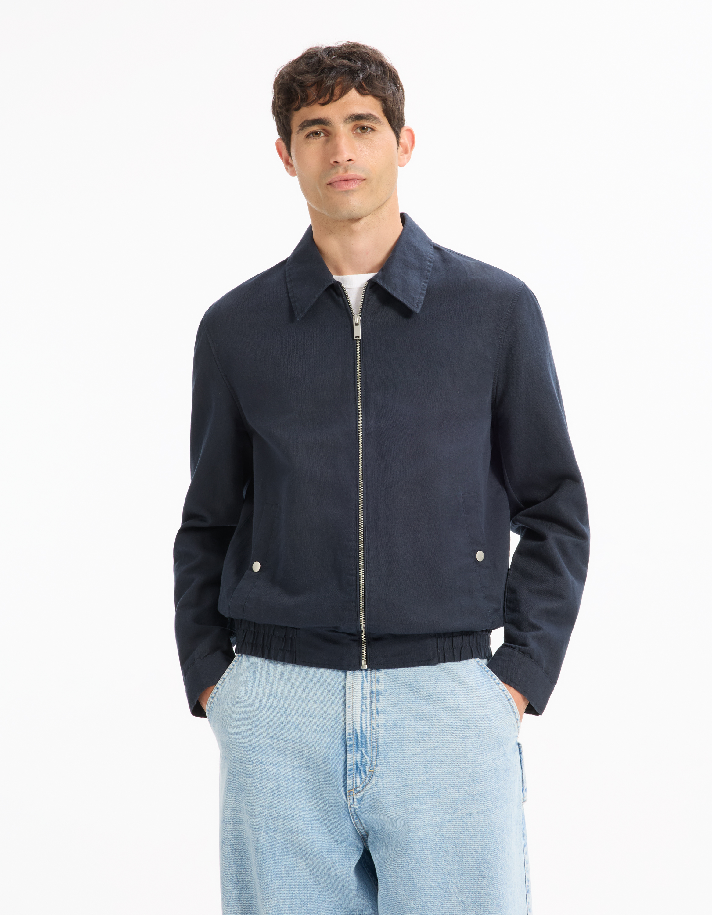 Blouson col chemise en lin et coton - marine - camaieu - Modalova
