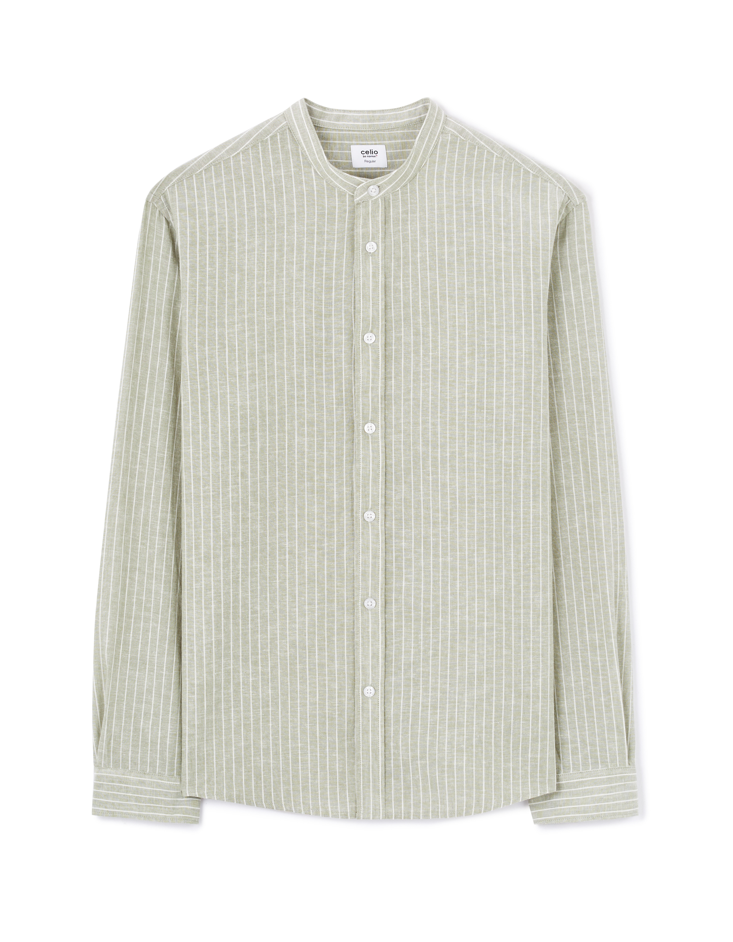 Chemise regular rayé col mao en lin et coton - sauge