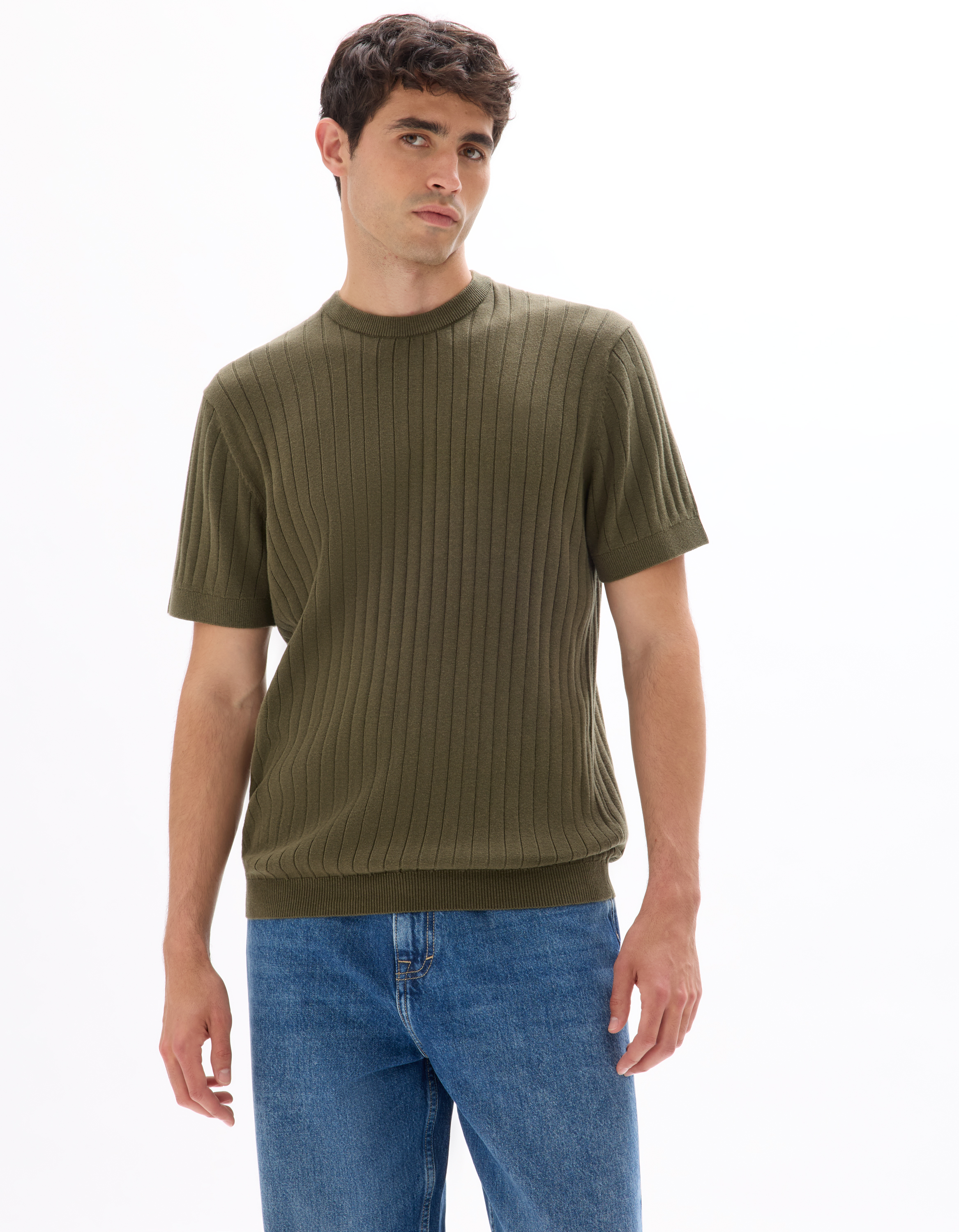 T-shirt regular col rond en maille - kaki - camaieu - Modalova