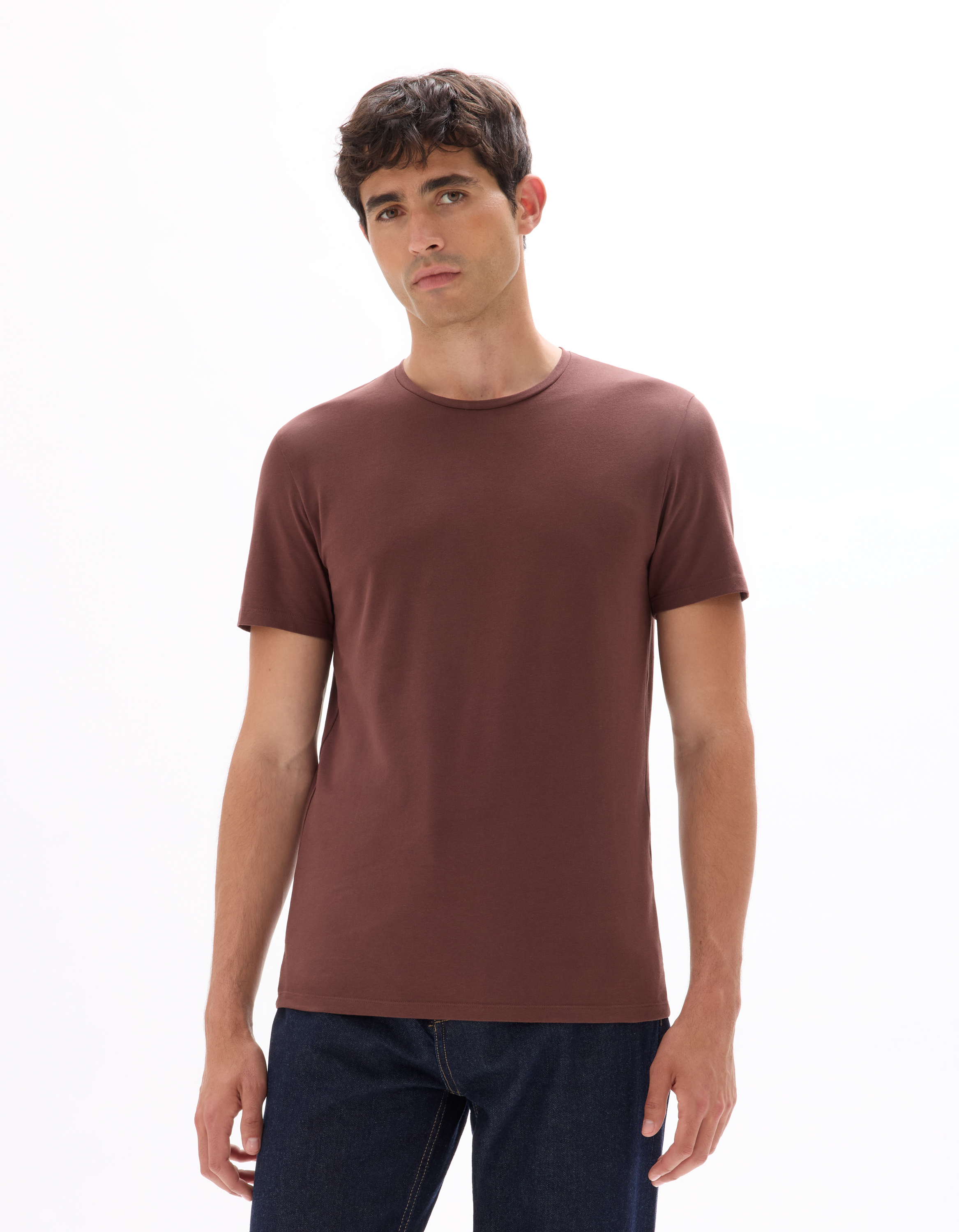 T-shirt slim col rond en coton stretch - bordeaux - camaieu - Modalova