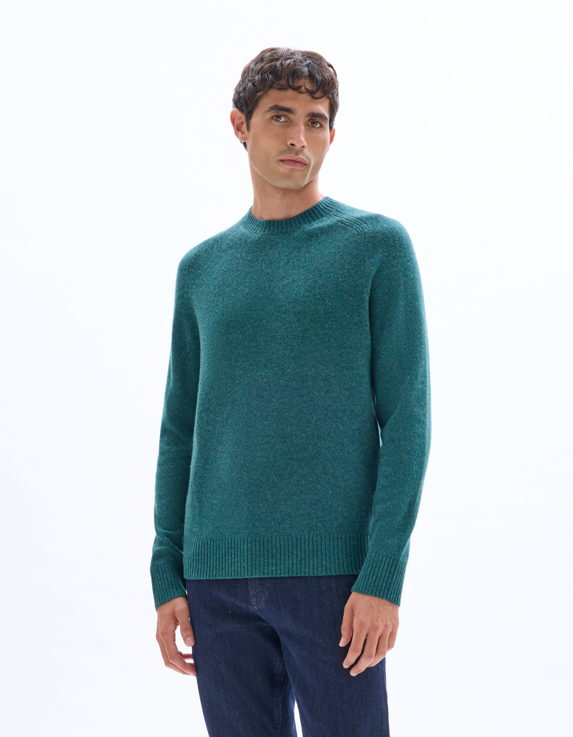 Pull col rond 100% laine d'agneau - vert foncé - camaieu - Modalova