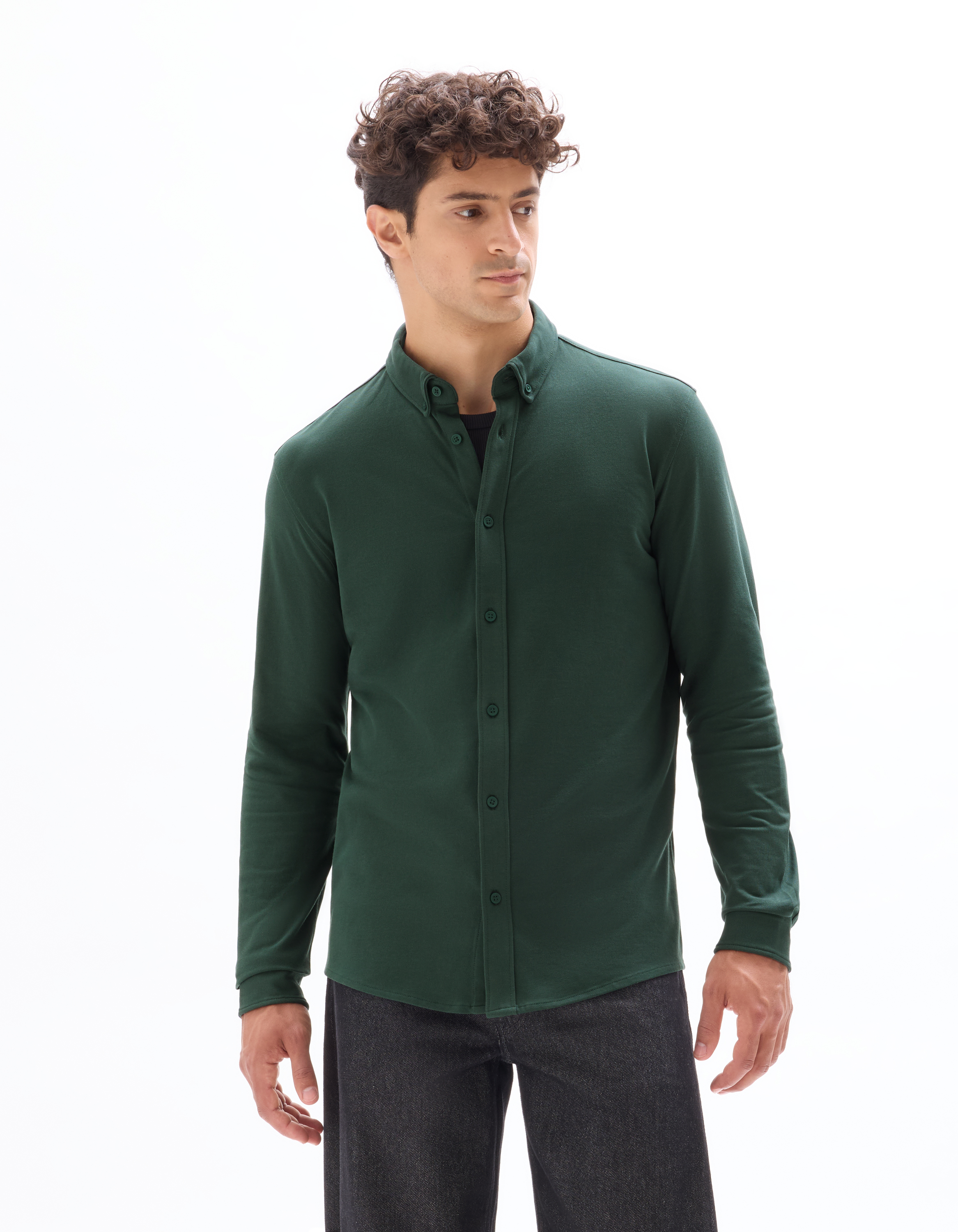 Chemise regular jersey piqué - vert foncé - camaieu - Modalova