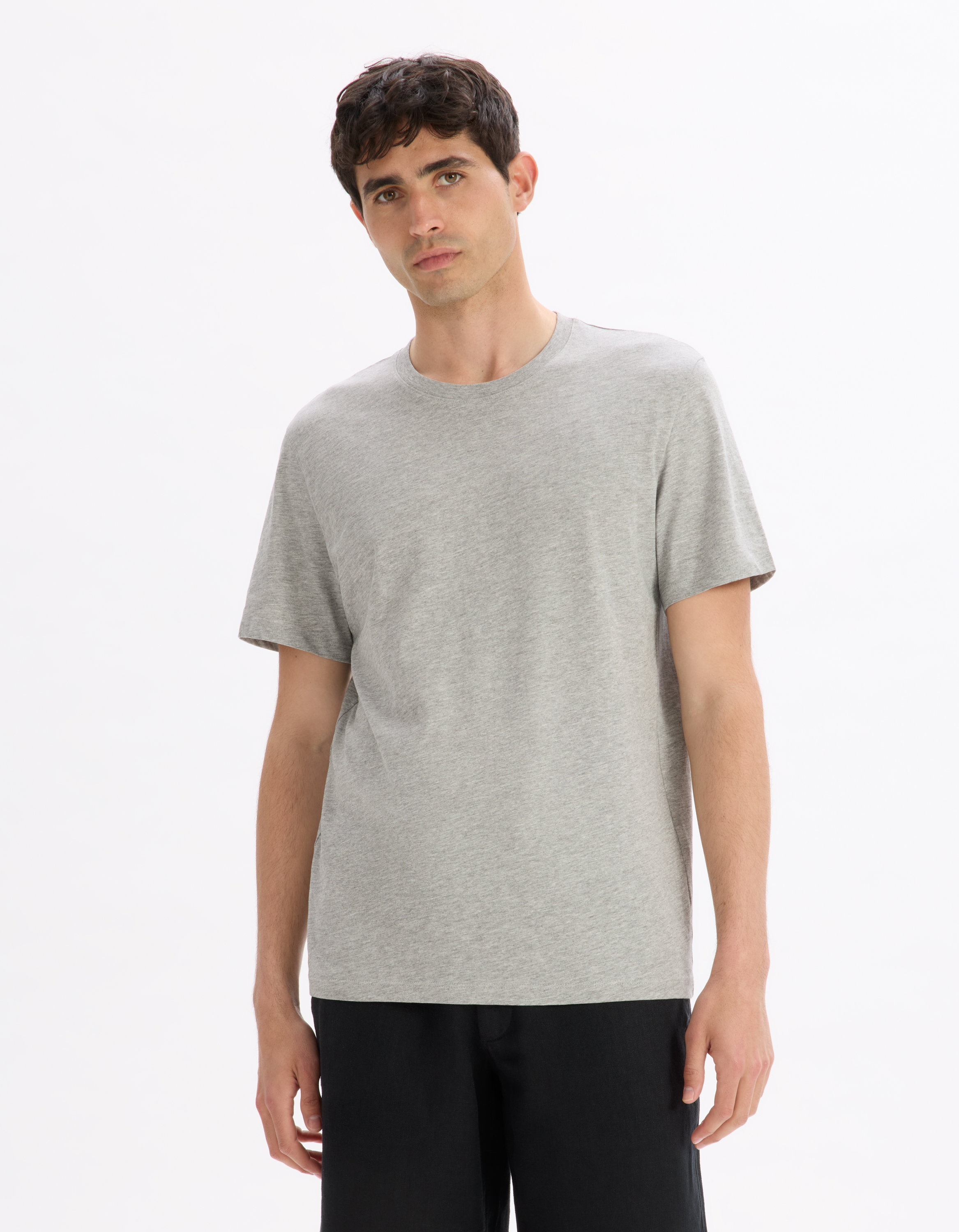 T-shirt straight col rond en coton mélangé - gris chiné - camaieu - Modalova