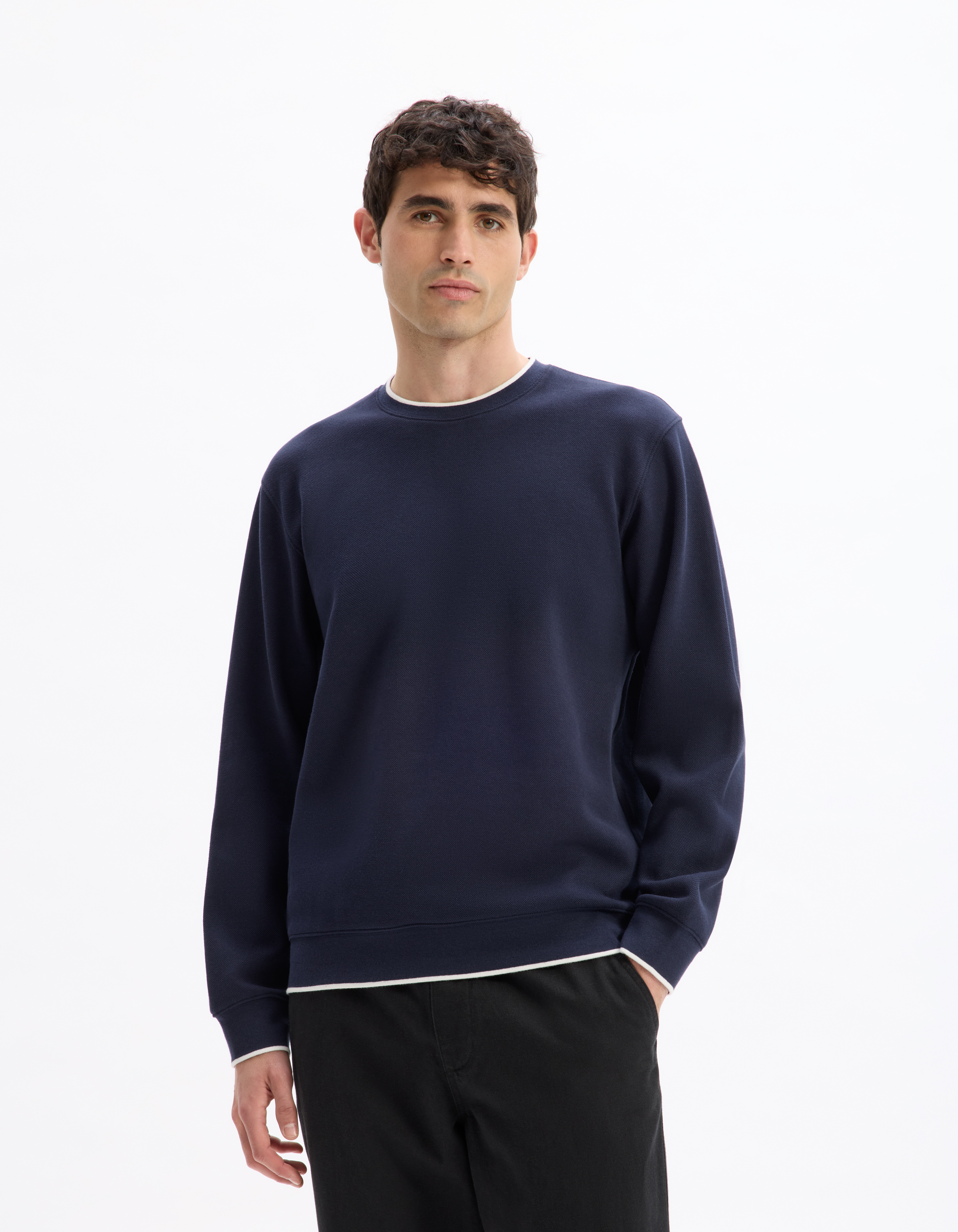 Sweat regular col rond coton mélangé - marine - camaieu - Modalova