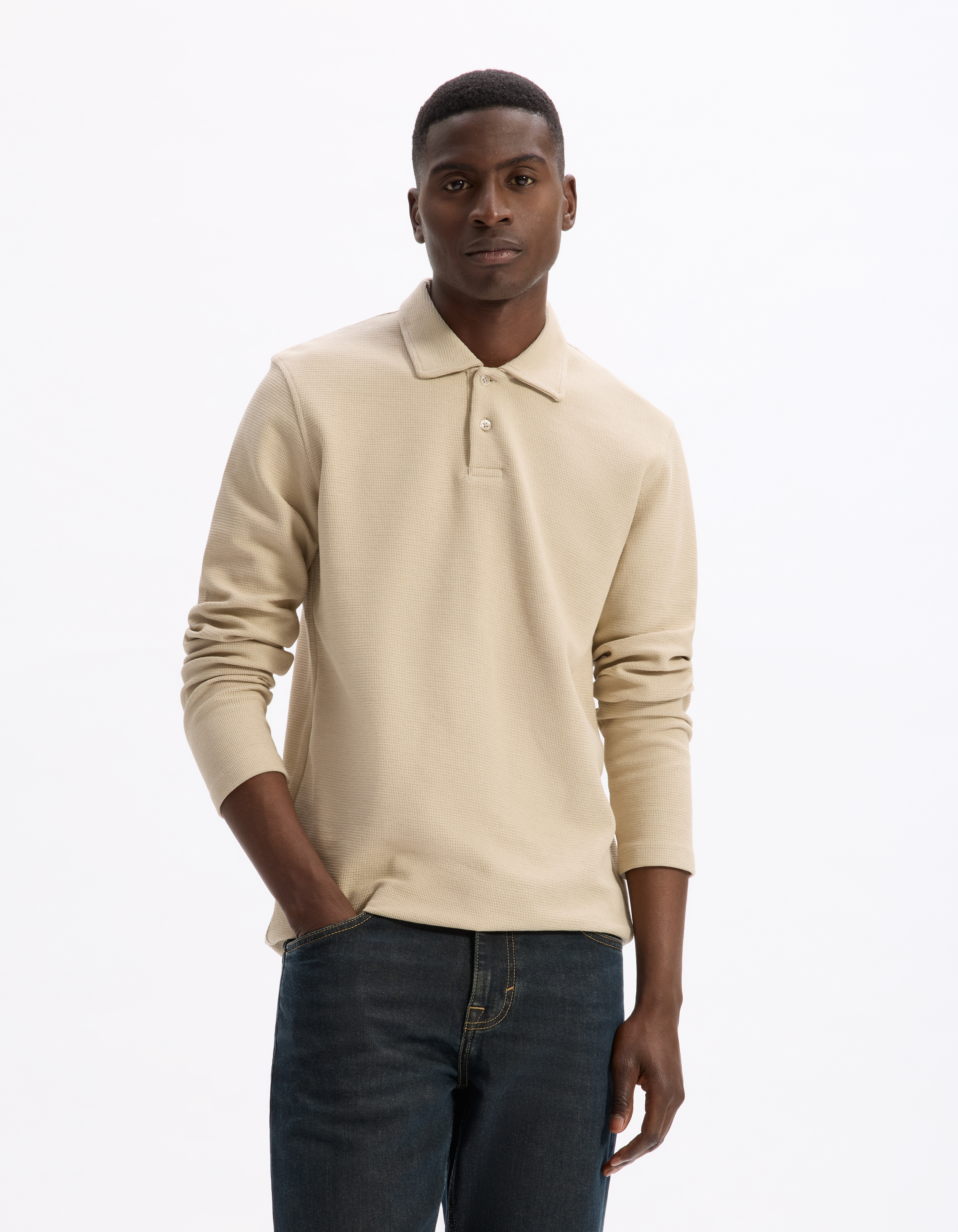 Polo regular 100% coton manches longues - beige - camaieu - Modalova