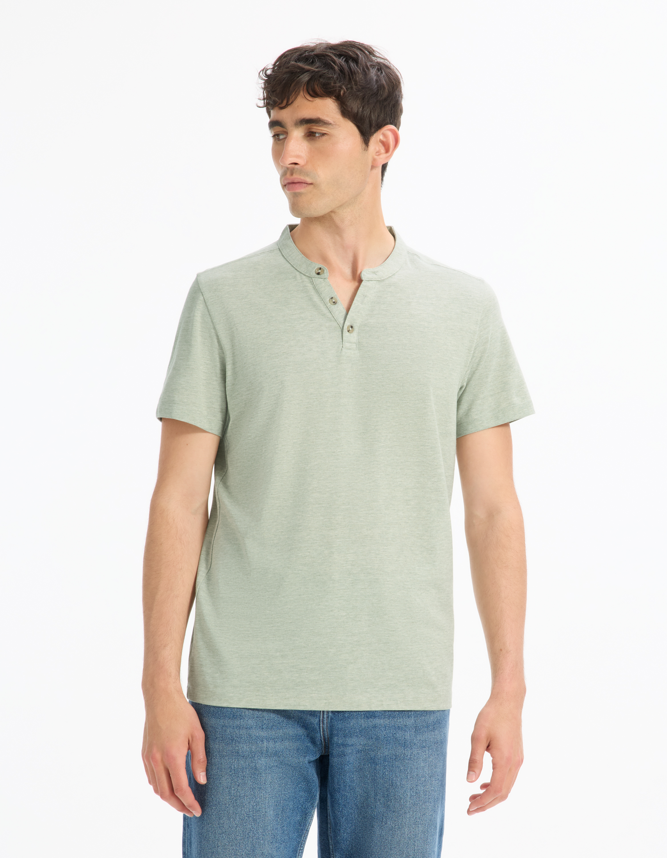 T-shirt regular col tunisien coton mélangé - vert - camaieu - Modalova