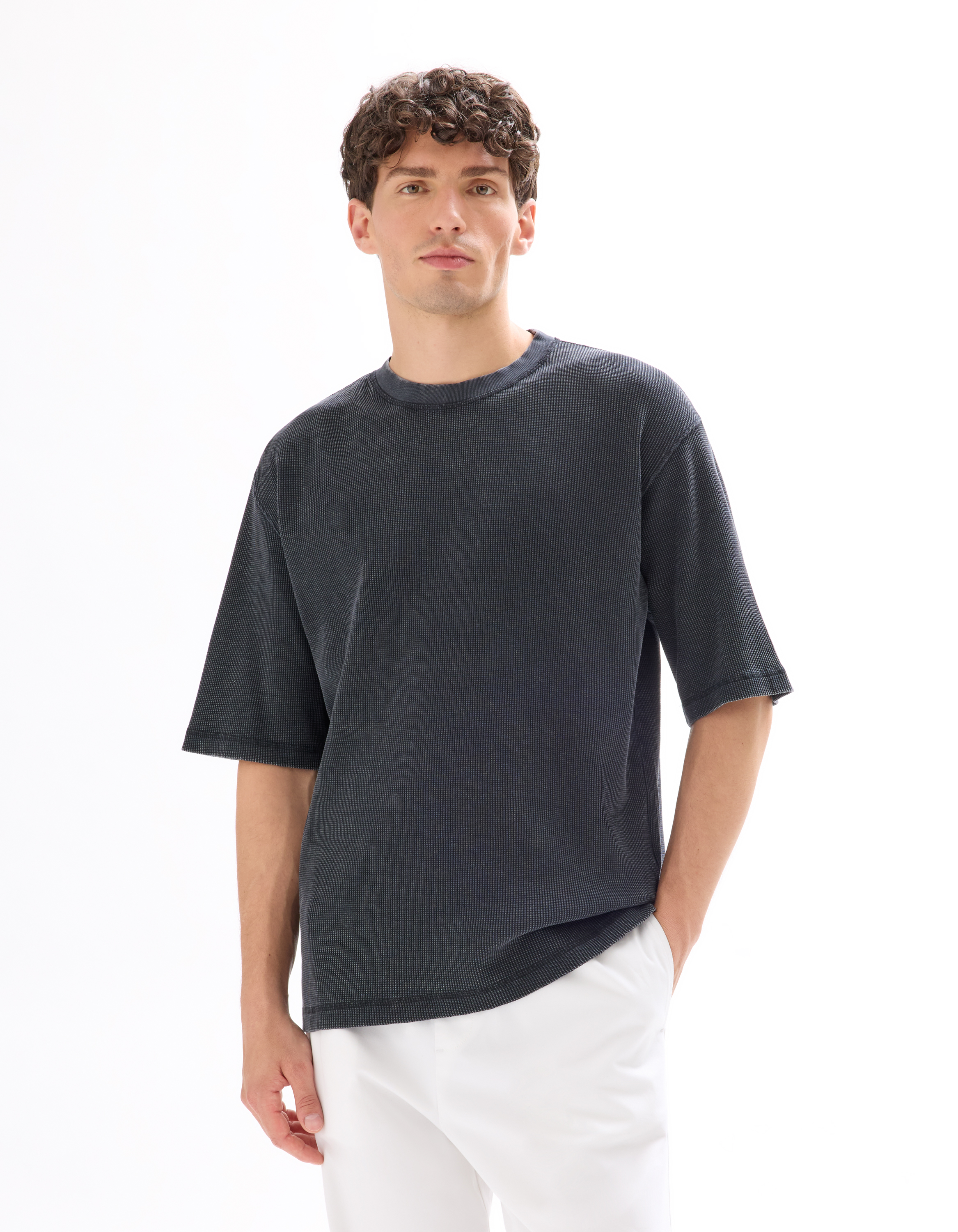 T-shirt oversize col rond 100% coton gaufré - camaieu - Modalova