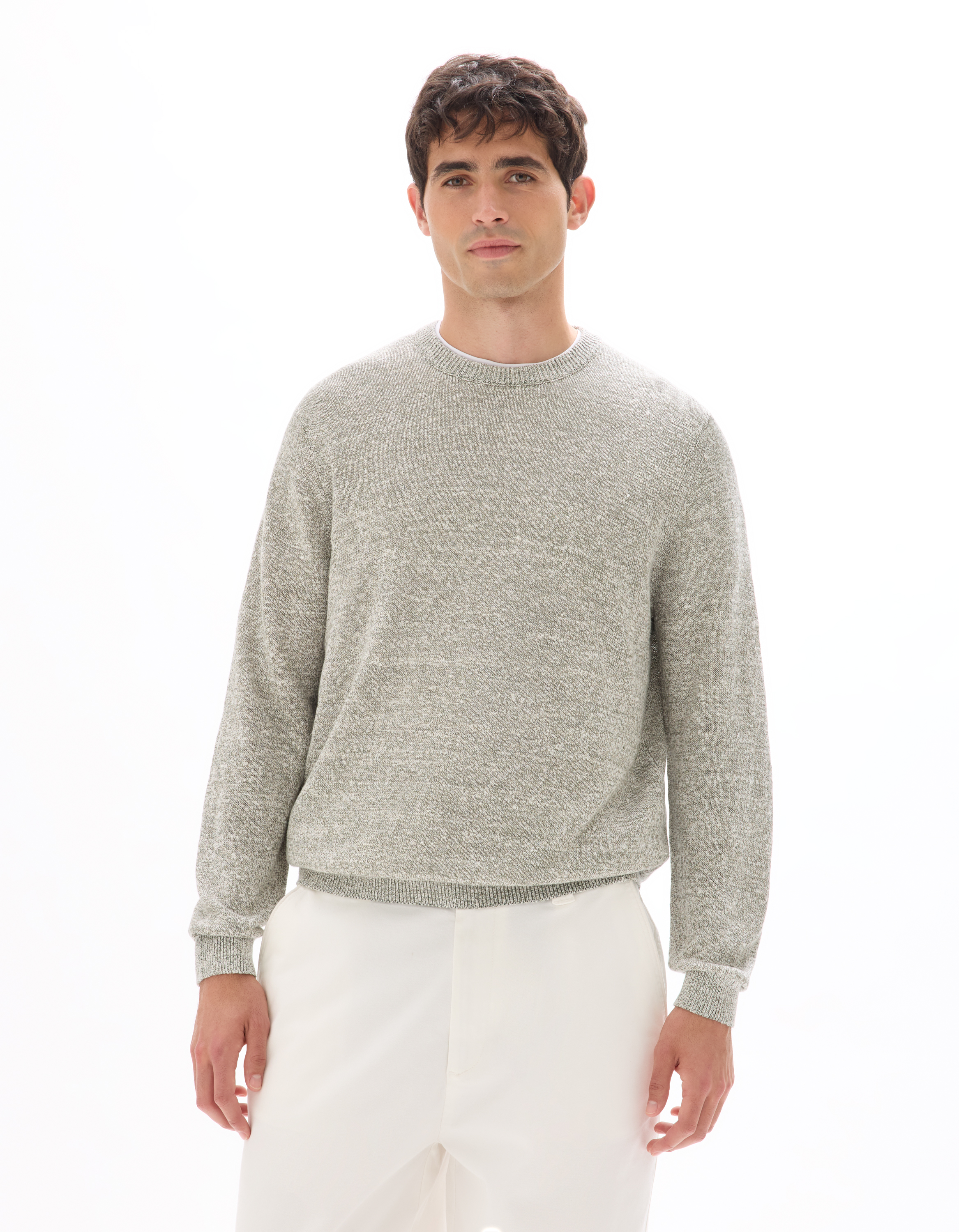 Pull col rond en lin mélangé bicolor - vert de gris - camaieu - Modalova